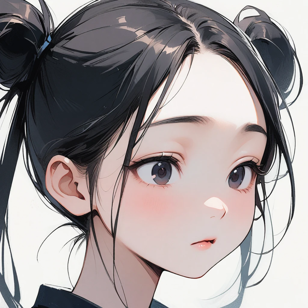 Pigtails, slim, pale, pure, simple, white background, face close-up, black hair, black eyes, straight bangs, asian eyes, slanted eyes, small eyes, narrow eyes, Chinese eyes