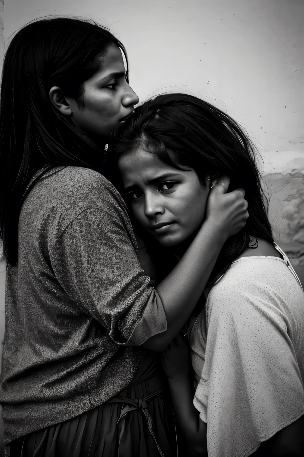 a broken portrait, angry man, mother and daughter crying. 