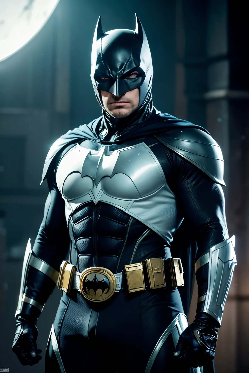 Real Cosplay, Fullbody: A masterpiece representation of Batman and White Ranger in Ultra HD, Full HD, and 8K resolution, showcasing every intricate detail of their Destiny game-inspired costumes. Batman, a dark silhouette of justice and vengeance, dons a meticulously designed suit with a muscular physique beneath, his expression determined and brooding. White Ranger, a beacon of hope and courage, stands next to him, his suit glistening with optimistic energy, every textured detail accentuating his gleaming armor, evoking a sense of power and unity. This lifelike portrayal captures the essence of both