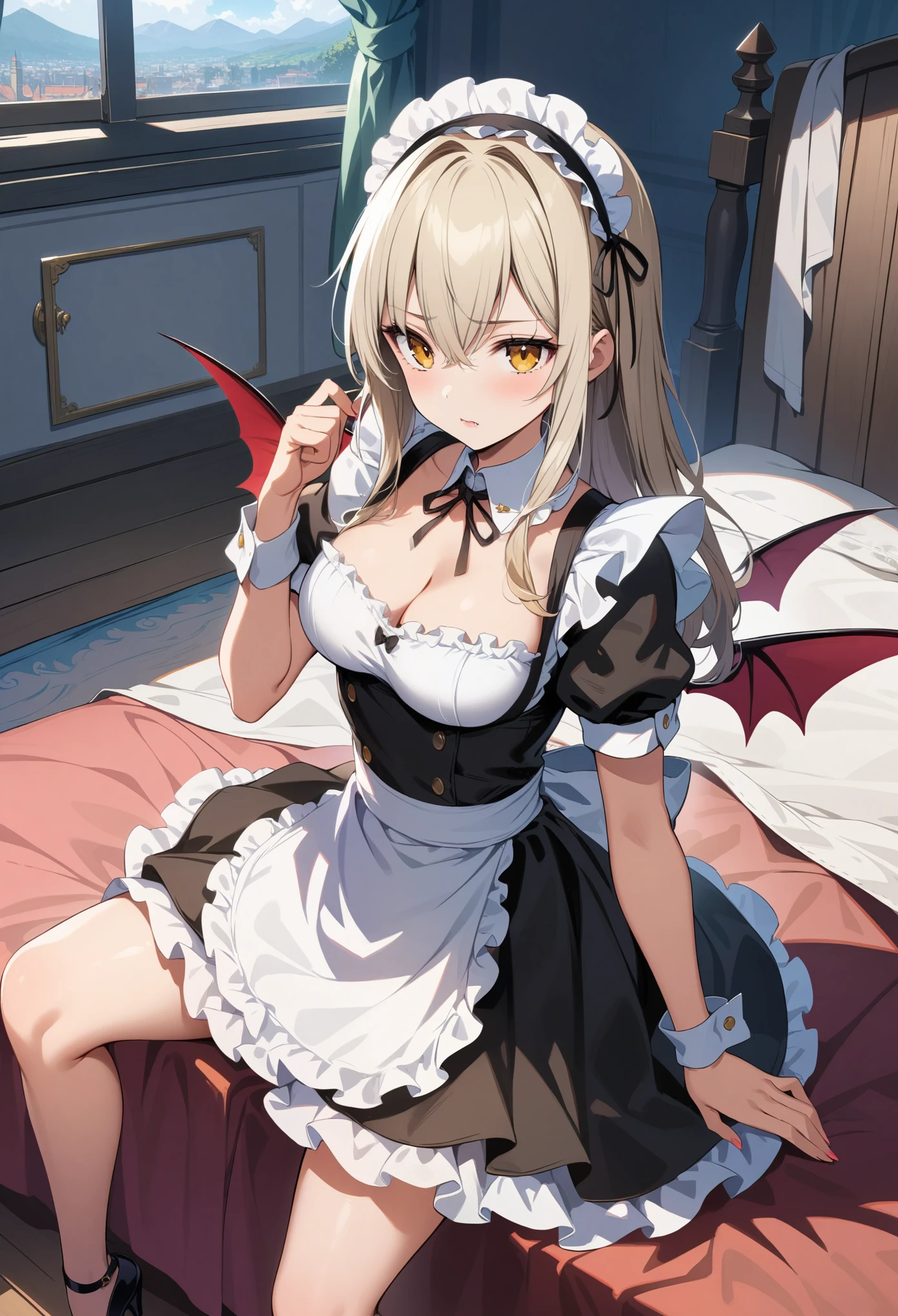 32k, best quality, ultra high res, HDR, UHD, extremely detailed CG, unity 32k wallpaper, bedroom background, ((cute succubus)), (maid), (1gal),