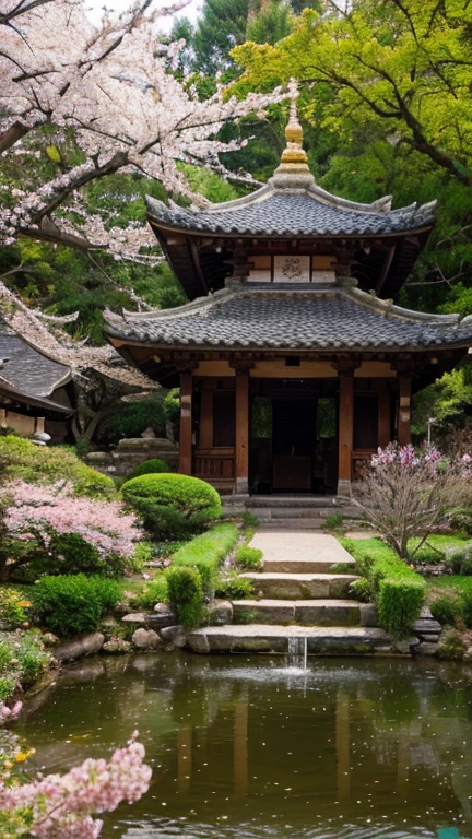 Absurd, High resolution, Super detailed, beautiful, masterpiece, highest quality,Ancient temples, Lush garden, Bright colors, Quiet Pond, Traditional architecture, cherry blossoms