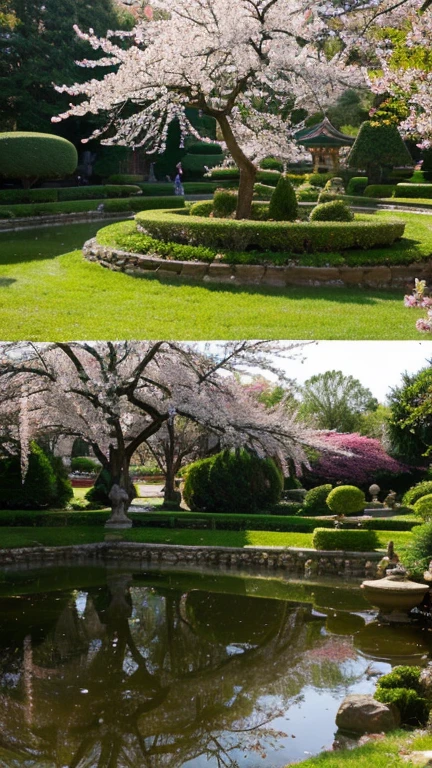 Absurd, High resolution, Super detailed, beautiful, masterpiece, highest quality,Ancient temples, Lush garden, Bright colors, Quiet Pond, Traditional architecture, cherry blossoms