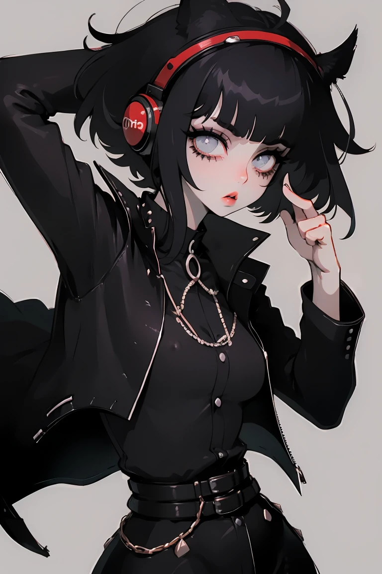 1girl, solo, headphones, black_hair, looking_at_viewer, headphones_around_neck, simple_background, parted_lips, upper_body, jacket, long_sleeves, white_background, hand_up, bangs, hair_between_eyes, black_jacket, medium_hair, grey_background, short_hair, black_eyes, grey_eyes, half eyes closed