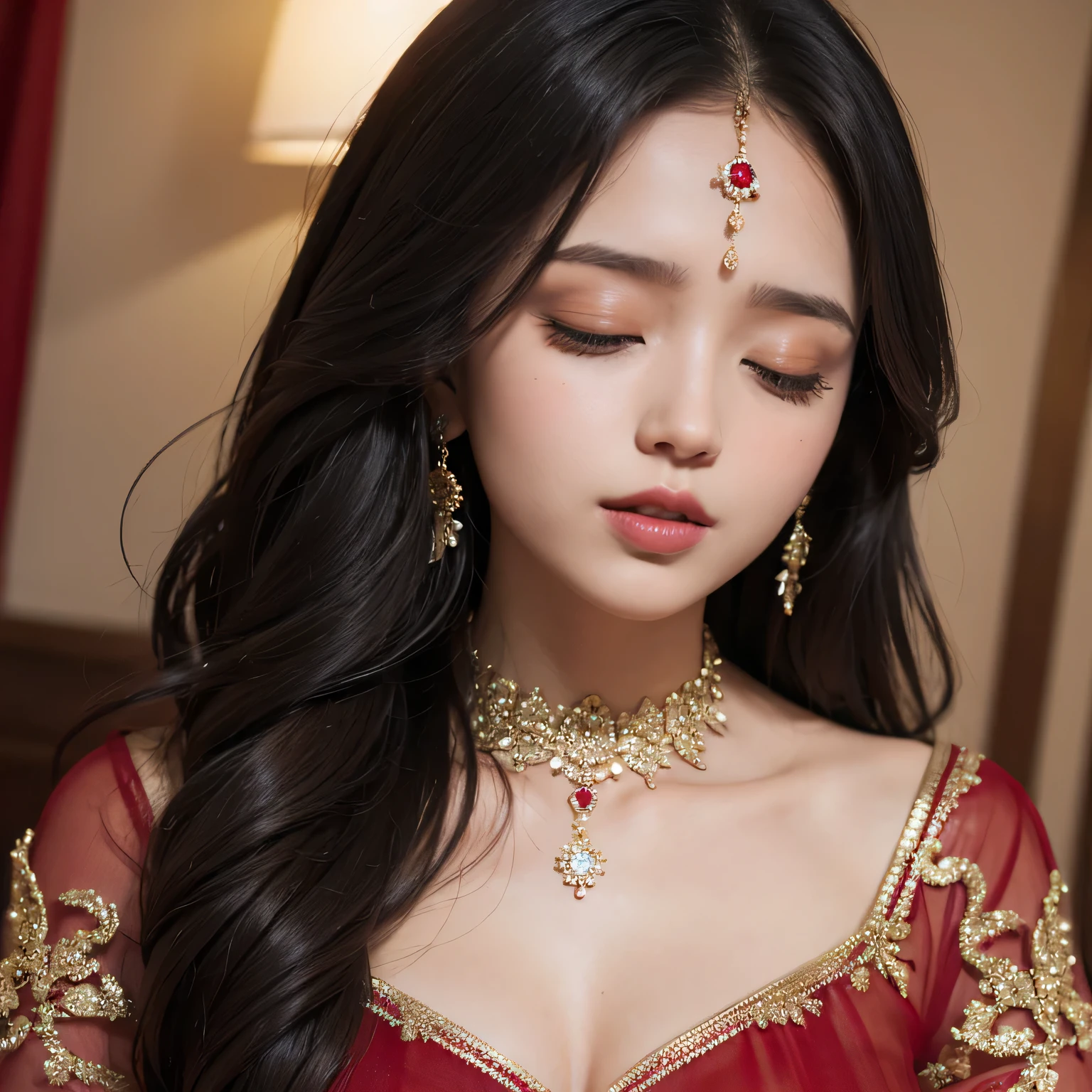 Sexy woman dazzles in a stunning red saree