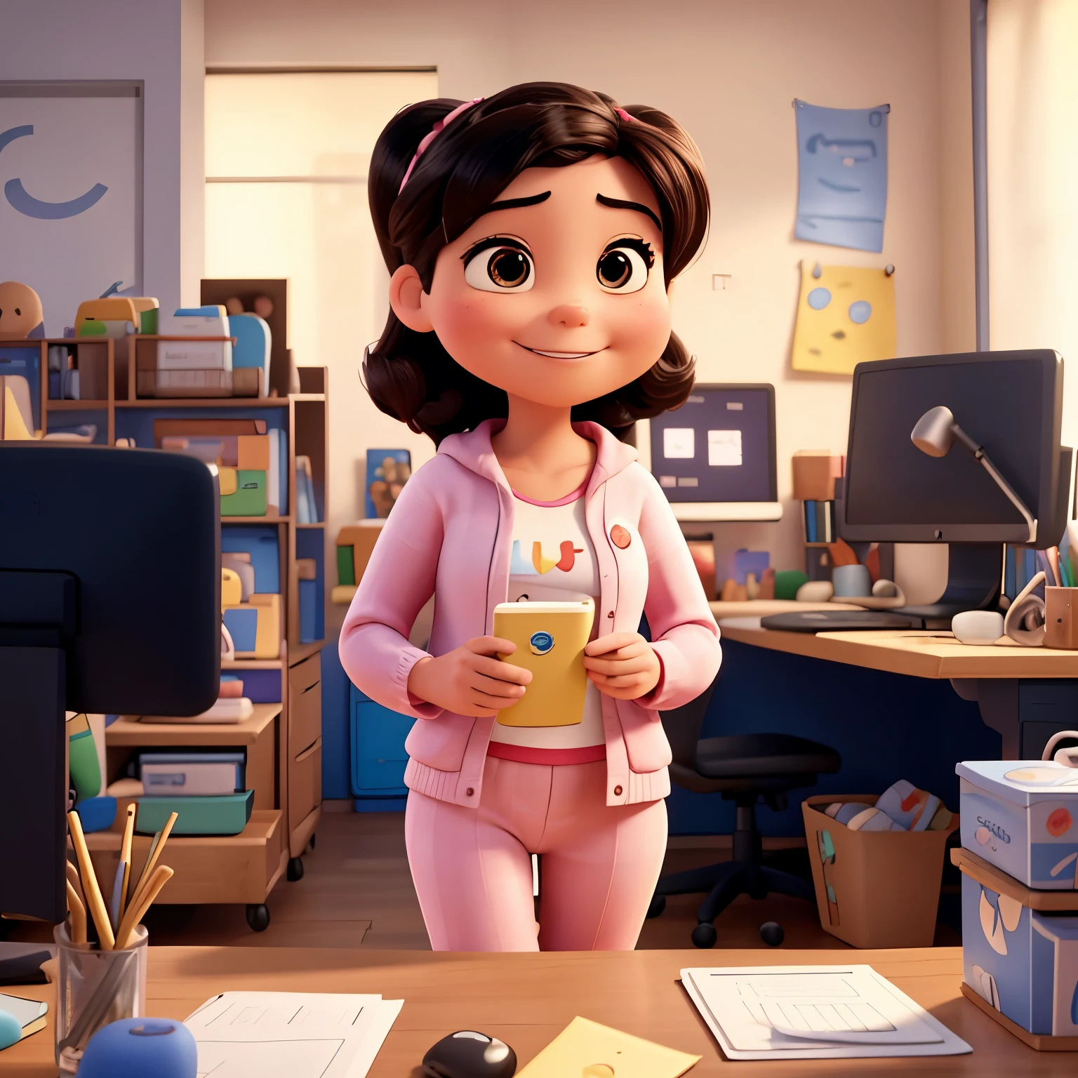 Disney-Pixar inspired movie release. La escena debe ser en estilo de arte digital de Pixar. , con enfoque en las expresiones de los personajes, an office as a white background that comes from pixar animation. el personaje principal es una mujer. she is Asian, flaca y bonita , usando una pijama de cerdito , she is smiling and holding a sign in her hand that says auntie ok (she is using a smartphone, and there is a computer next to it with the tik tok logo).