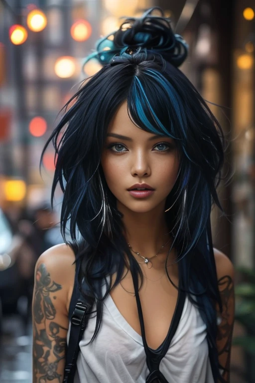 bellissima, 1girl, she is a striking young woman with electric blue hair that flows down to her shoulders in loose waves. Her hair is vibrant, reflecting her adventurous and creative spirit. It's a signature part of her look, often adorned with small silver hairpins and clips shaped like stars and moons.
