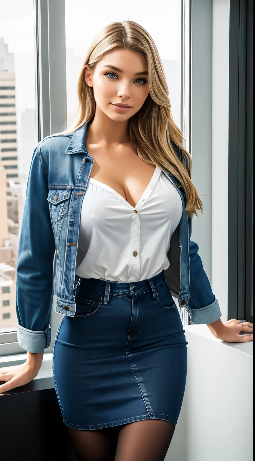 Foto hiperrealista en primer plano de Emily Sears, masterpiece, best quality, (photorealistic:1.4), (blue jeans jacket over white blouse:1.1), (blue jeans midi midi skirt:1.2), (black delicate pantyhose:1.2) heels, modern New York apartment, view from windows to New York sky light, sunny day,, cinematic light, beautiful woman, skinny, large big breasts, straight blond hair, detailed face, smile, facing the camera, photo taken from a distance, age of 20 years old,