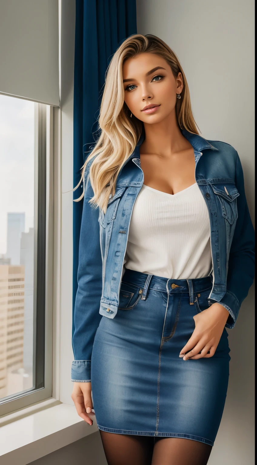 Foto hiperrealista en primer plano de Emily Sears, masterpiece, best quality, (photorealistic:1.4), (blue jeans jacket over white blouse:1.1), (blue jeans midi midi skirt:1.2), (black delicate pantyhose:1.2) heels, modern New York apartment, view from windows to New York sky light, sunny day,, cinematic light, beautiful woman, skinny, large big breasts, straight blond hair, detailed face, smile, facing the camera, photo taken from a distance, age of 20 years old,