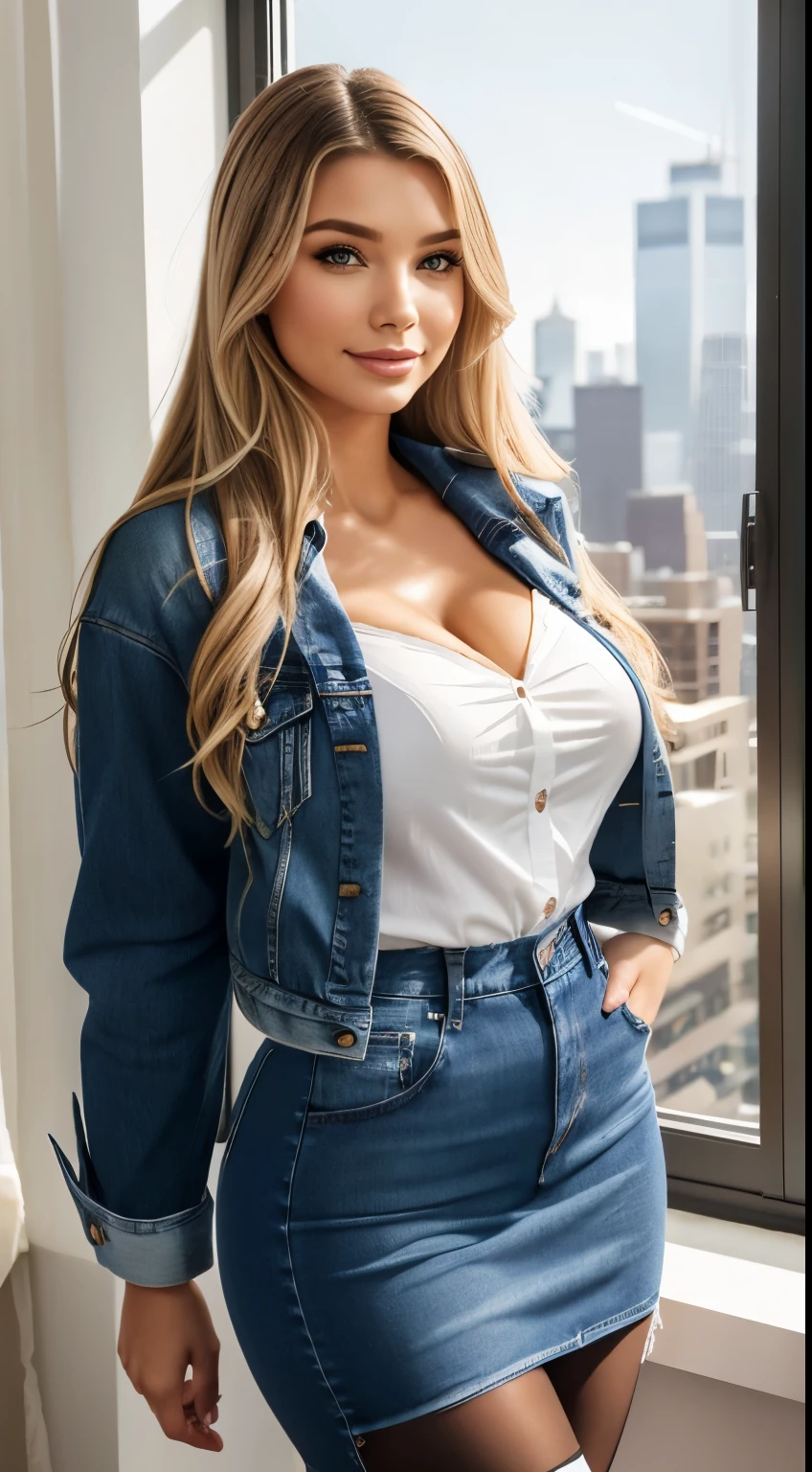 Foto hiperrealista en primer plano de Emily Sears, masterpiece, best quality, (photorealistic:1.4), (blue jeans jacket over white blouse:1.1), (blue jeans midi midi skirt:1.2), (black delicate pantyhose:1.2) heels, modern New York apartment, view from windows to New York sky light, sunny day,, cinematic light, beautiful woman, skinny, large big breasts, straight blond hair, detailed face, smile, facing the camera, photo taken from a distance, age of 20 years old,