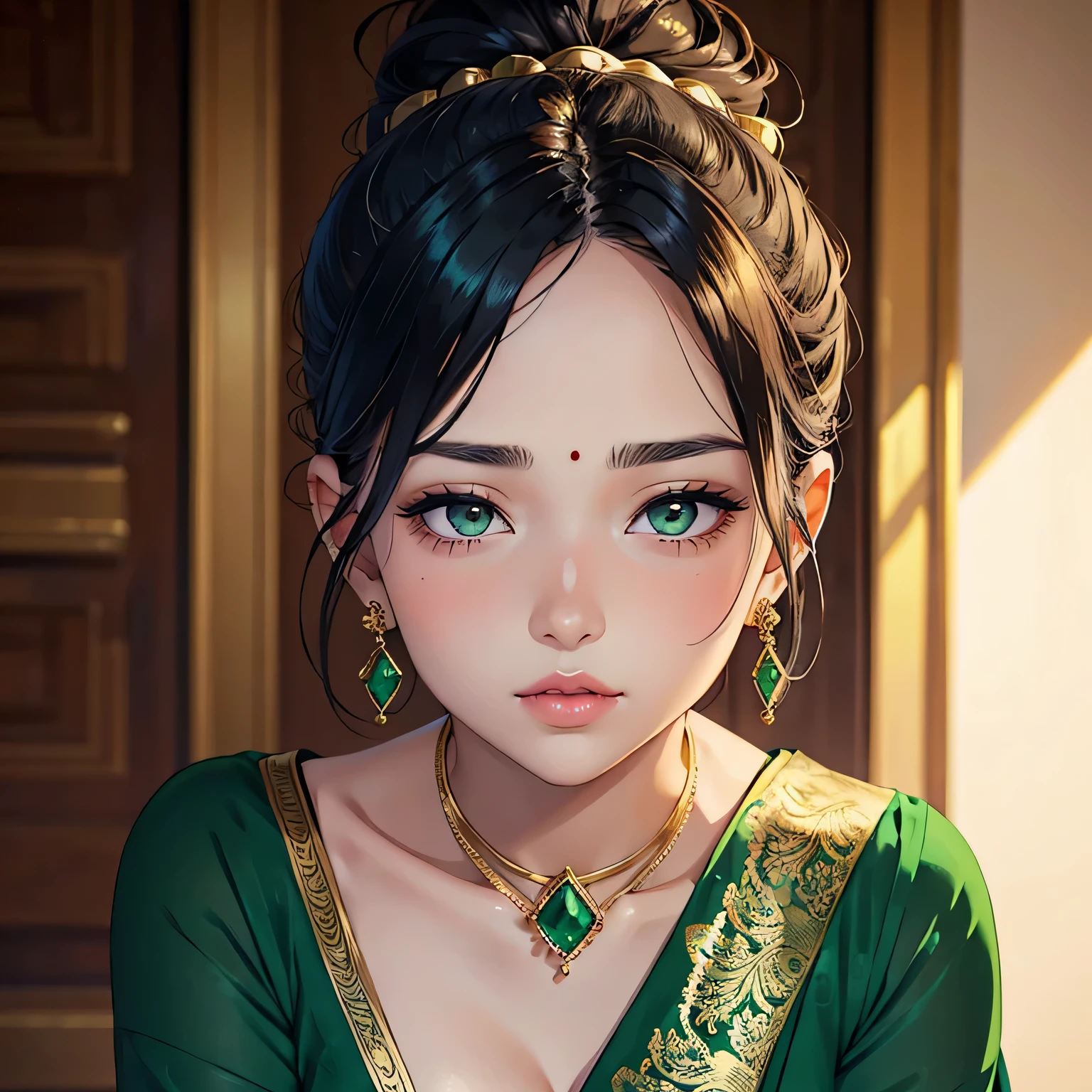 Sexy woman, hair tied in a bun, emerald jewellery, beautiful face, grey eyes, fair skin, blushing intensely, glossy lips parted, dark green blouse and saree with gold patterns