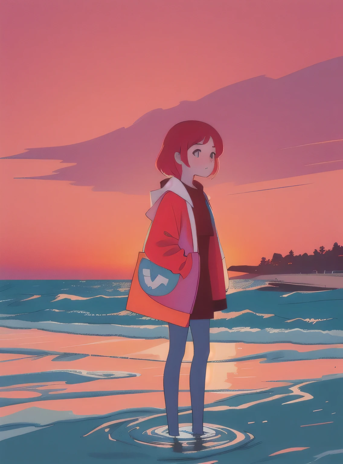 Sea beach,a a girl standing in the water , looking at the red sky , professional artist's art, vibrant color, (8 colors), illustration,ultra quality 