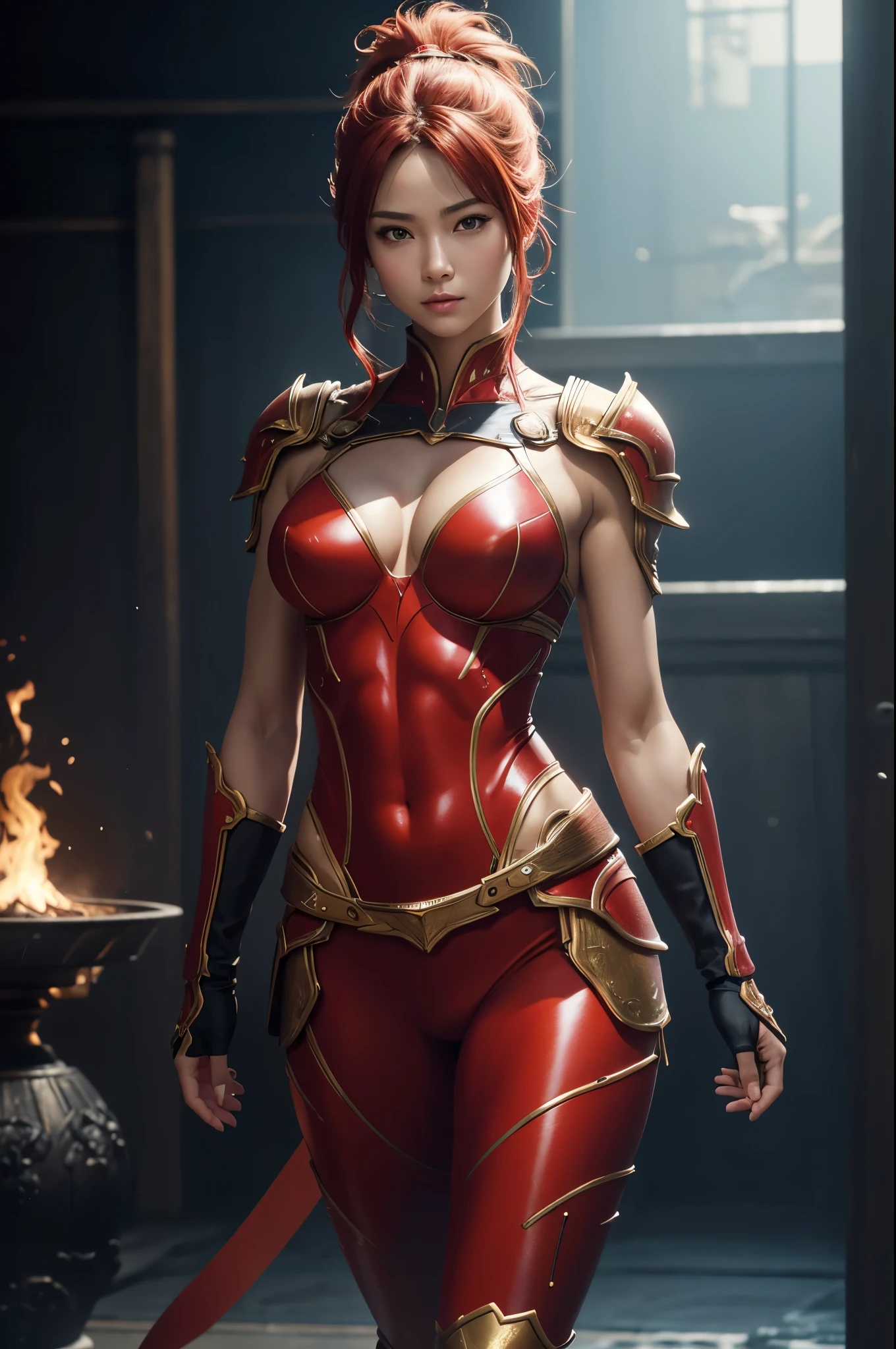 8K,Flame Lady Paladin,Super Beauty(Like the real thing),Red and orange mohawk,Red Eyes,Red Flame Chest Armor,Red flame pants,Red Flame Gauntlet,lean muscular body,Hard and strong abs,Fantasy art、charm、Looking at the audience、Captivating Gaze、masterpiece,masterpiece,highest qualityのフォトリアリスティックなRAW写真。Bright colors,Rich colors, Backlight, Film Grain, 50mm lens, Nikon D850,Realistic Skin,Ultra-high resolution,Realistic scale skins,Muscular and slender figure,Very detailedなアート作品、 Detailed digital animation art、 ArtStation Pixiv の Artgerm、Dynamic Angle,Ultra-high resolution,Like the real thing見える肌,charm的,Active,Super Beauty,(Like the real thing),DeviantArt Artstation CGScosiety, 3D Rendering Character Art, 写真のようにリアルなPerfect body, sexy,Muscular and slim body,Muscular and toned lower body,close,masterpiece,highest qualityの写実的ななRAW写真。Bright colors,Rich colors, Backlight, Film Grain, 50mm lens, Nikon D850,,(8k,写実的なhighest quality;1.4) ,Slim figure, Perfect body, There is cleavage in the chest, Very thin hair, Pleasure Gas, Glossy Lips, 超Realistic,Cinematic, (Excellent anatomy), (Good balance), Awards, masterpiece, Centered,charm,Volume measurement,Body balance,Ultra-high resolution,Ultra-Realistic Skin,Digital single-lens reflex camera, Soft lighting, Very detailedスキン, Very detailed顔, Very detailed目, lip, Detailed Background, Written boundary depth, Excellent anatomy, (Realistic, 超Realistic:1.4), 16K HDR, The abdominal muscles are intense and defined,Very detailed、masterpiece、highest quality、Dynamic Angle、Film Grain、Best Shadow、delicate、Particles of light、Observe the audience、Cinema Lighting、battlefield,