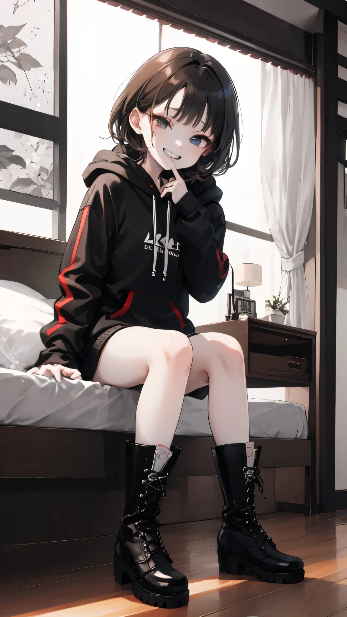 cute、evil grin、Inside the Hotel、Sitting on the bed、
black and White hoodie、Red and black hoodie、White hoodie、black platform boots、black platform boots、perfect finger、
Brown Hair、Black Hair、Black Hairロング、black eye、