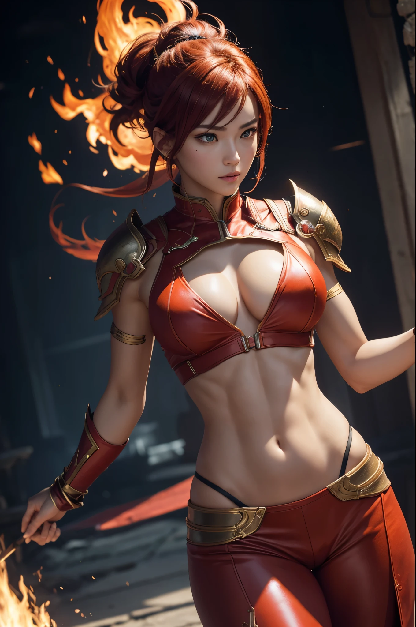8K,Flame Lady Paladin,Super Beauty(Like the real thing),Red and orange mohawk,Red Eyes,Red Flame Chest Armor,Red flame pants,Red Flame Gauntlet,lean muscular body,Hard and strong abs,Fantasy art、charm、Looking at the audience、Captivating Gaze、masterpiece,masterpiece,highest qualityのフォトリアリスティックなRAW写真。Bright colors,Rich colors, Backlight, Film Grain, 50mm lens, Nikon D850,Realistic Skin,Ultra-high resolution,Realistic scale skins,Muscular and slender figure,Very detailedなアート作品、 Detailed digital animation art、 ArtStation Pixiv の Artgerm、Dynamic Angle,Ultra-high resolution,Like the real thing見える肌,charm的,Active,Super Beauty,(Like the real thing),DeviantArt Artstation CGScosiety, 3D Rendering Character Art, 写真のようにリアルなPerfect body, sexy,Muscular and slim body,Muscular and toned lower body,close,masterpiece,highest qualityの写実的ななRAW写真。Bright colors,Rich colors, Backlight, Film Grain, 50mm lens, Nikon D850,,(8k,写実的なhighest quality;1.4) ,Slim figure, Perfect body, There is cleavage in the chest, Very thin hair, Pleasure Gas, Glossy Lips, 超Realistic,Cinematic, (Excellent anatomy), (Good balance), Awards, masterpiece, Centered,charm,Volume measurement,Body balance,Ultra-high resolution,Ultra-Realistic Skin,Digital single-lens reflex camera, Soft lighting, Very detailedスキン, Very detailed顔, Very detailed目, lip, Detailed Background, Written boundary depth, Excellent anatomy, (Realistic, 超Realistic:1.4), 16K HDR, The abdominal muscles are intense and defined,Very detailed、masterpiece、highest quality、Dynamic Angle、Film Grain、Best Shadow、delicate、Particles of light、Observe the audience、Cinema Lighting、battlefield,