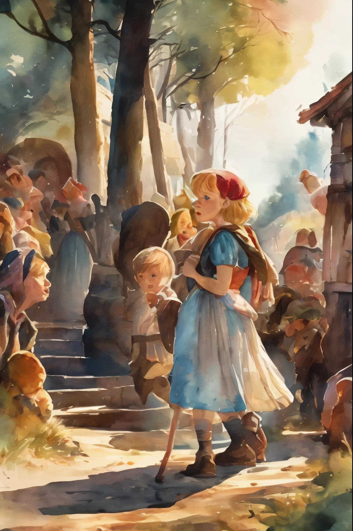 watercolor, highres, top quality, best quality, paid reward available, High-quality illustrations, unparalleled masterpiece, perfect anatomy, absurdres, Hansel and Gretel, good lighting, cinematic shadow, dynamic angle,