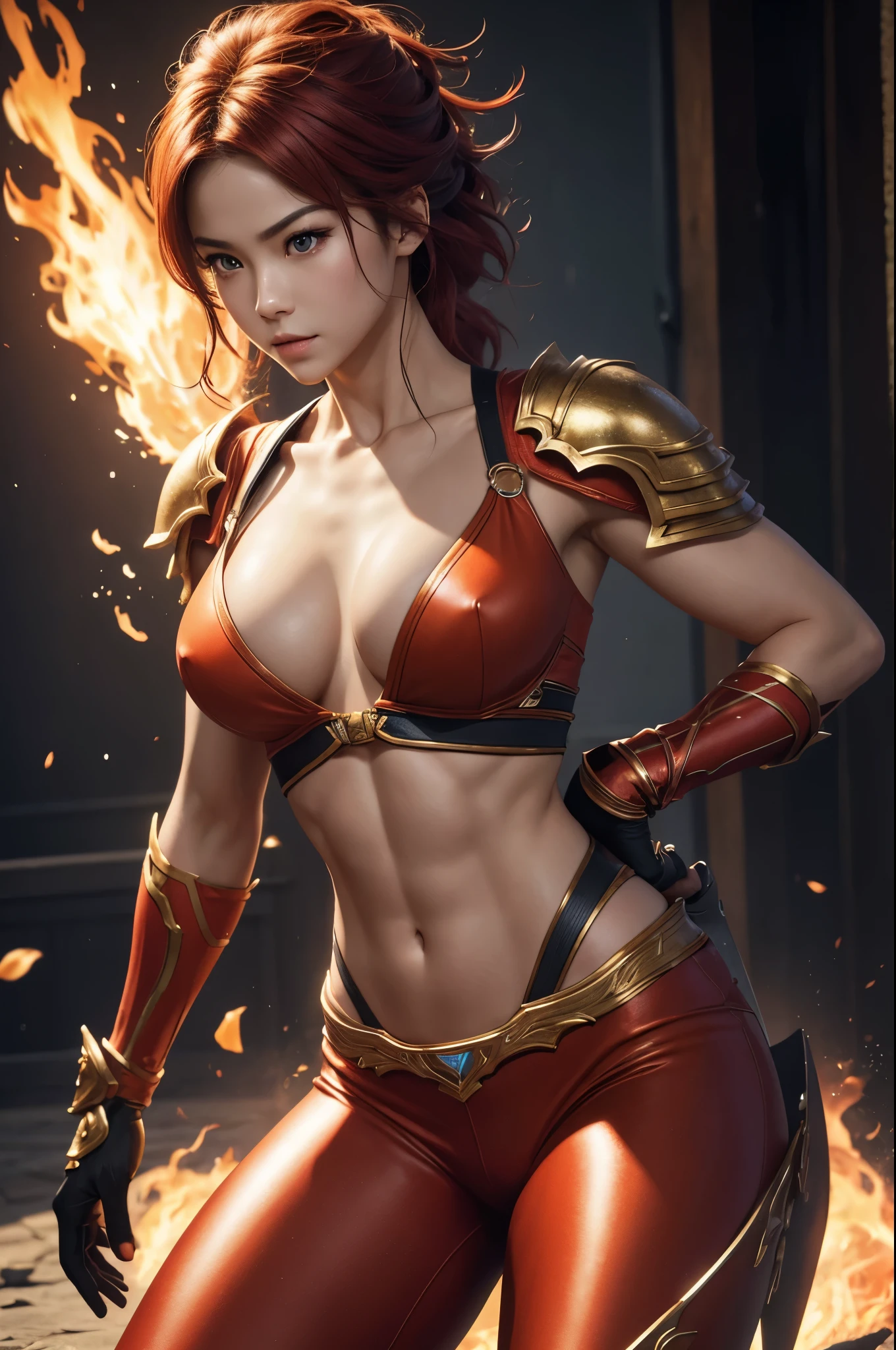 8K,Flame Lady Paladin,Super Beauty(Like the real thing),Red and orange mohawk,Red Eyes,Red Flame Chest Armor,Red flame pants,Red Flame Gauntlet,lean muscular body,Hard and strong abs,Fantasy art、charm、Looking at the audience、Captivating Gaze、masterpiece,masterpiece,highest qualityのフォトリアリスティックなRAW写真。Bright colors,Rich colors, Backlight, Film Grain, 50mm lens, Nikon D850,Realistic Skin,Ultra-high resolution,Realistic scale skins,Muscular and slender figure,Very detailedなアート作品、 Detailed digital animation art、 ArtStation Pixiv の Artgerm、Dynamic Angle,Ultra-high resolution,Like the real thing見える肌,charm的,Active,Super Beauty,(Like the real thing),DeviantArt Artstation CGScosiety, 3D Rendering Character Art, 写真のようにリアルなPerfect body, sexy,Muscular and slim body,Muscular and toned lower body,close,masterpiece,highest qualityの写実的ななRAW写真。Bright colors,Rich colors, Backlight, Film Grain, 50mm lens, Nikon D850,,(8k,写実的なhighest quality;1.4) ,Slim figure, Perfect body, There is cleavage in the chest, Very thin hair, Pleasure Gas, Glossy Lips, 超Realistic,Cinematic, (Excellent anatomy), (Good balance), Awards, masterpiece, Centered,charm,Volume measurement,Body balance,Ultra-high resolution,Ultra-Realistic Skin,Digital single-lens reflex camera, Soft lighting, Very detailedスキン, Very detailed顔, Very detailed目, lip, Detailed Background, Written boundary depth, Excellent anatomy, (Realistic, 超Realistic:1.4), 16K HDR, The abdominal muscles are intense and defined,Very detailed、masterpiece、highest quality、Dynamic Angle、Film Grain、Best Shadow、delicate、Particles of light、Observe the audience、Cinema Lighting、battlefield,