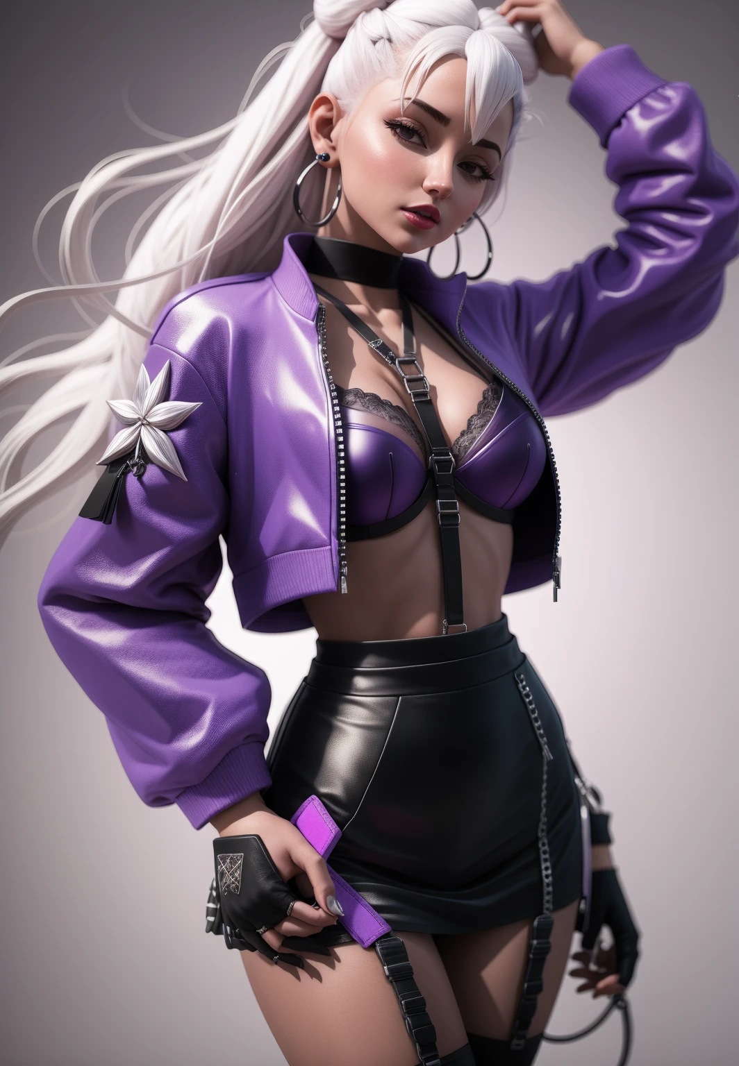 1girl, evekda, white hair, earings, in black, cropped purple-blue jacket, (harness bra), 3d, render,