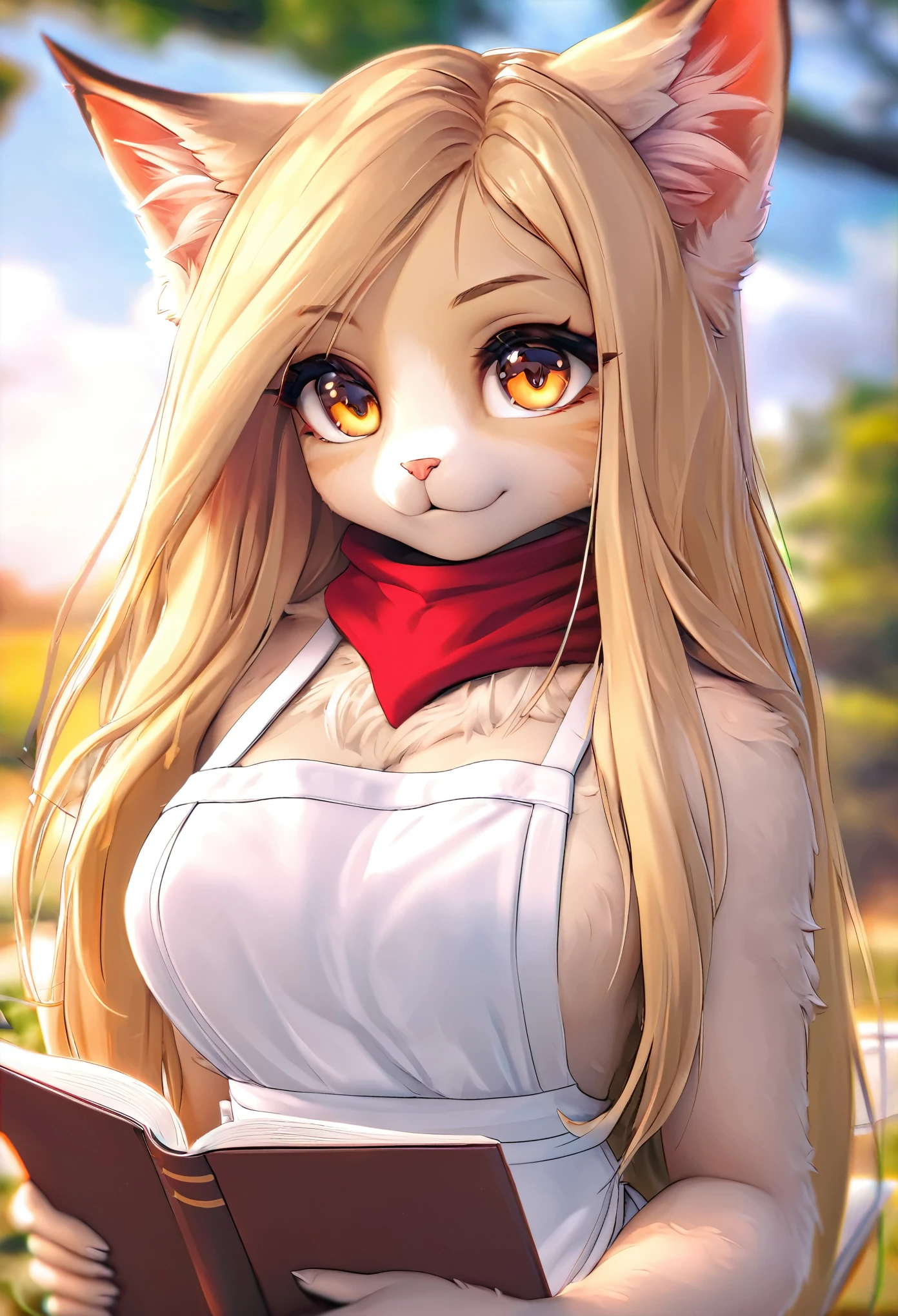 solo,masterpiece, 8k,best quality ,furry girl,8k,hdr,hires,high detail fur,
outdoors,servalcat,holding_book
perfect anatomy,blonde,long hair,look at looking at viewer,(white apron:1.1),red neckchief
