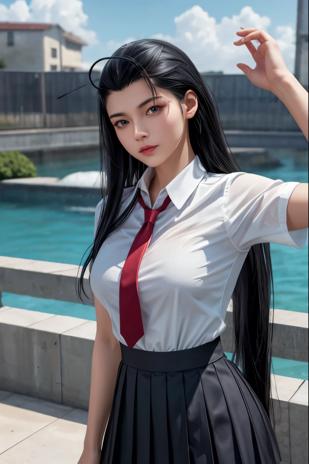 meeting_Wow, Black Hair, Long Hair, Antenna Hair, Ahoge, I slicked my hair back., sleep earrings, , Short sleeve, tie, mini skirt, Pleated skirt, Cowboy Shot, Large Breasts, Outdoor,, One girl, (masterpiece:1.3), (High resolution), (8k), (Very detailed), (4K), (Pixiv), Perfect Face, Beautiful eyes and face, (highest quality), (Very detailed), Detailed face and eyes, (alone), Textured skin, Absurd, High resolution