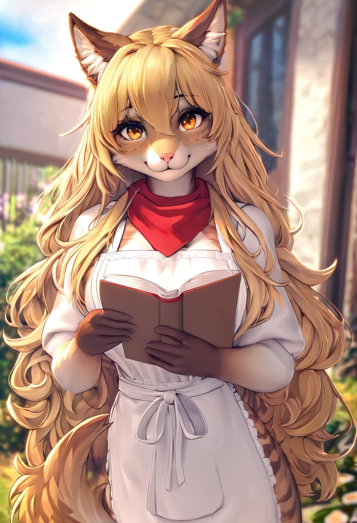 solo,masterpiece, 8k,best quality ,furry girl,8k,hdr,hires,high detail fur,
outdoors,servalcat,holding_book
perfect anatomy,blonde,long hair,look at looking at viewer,(white apron:1.1),red neckchief