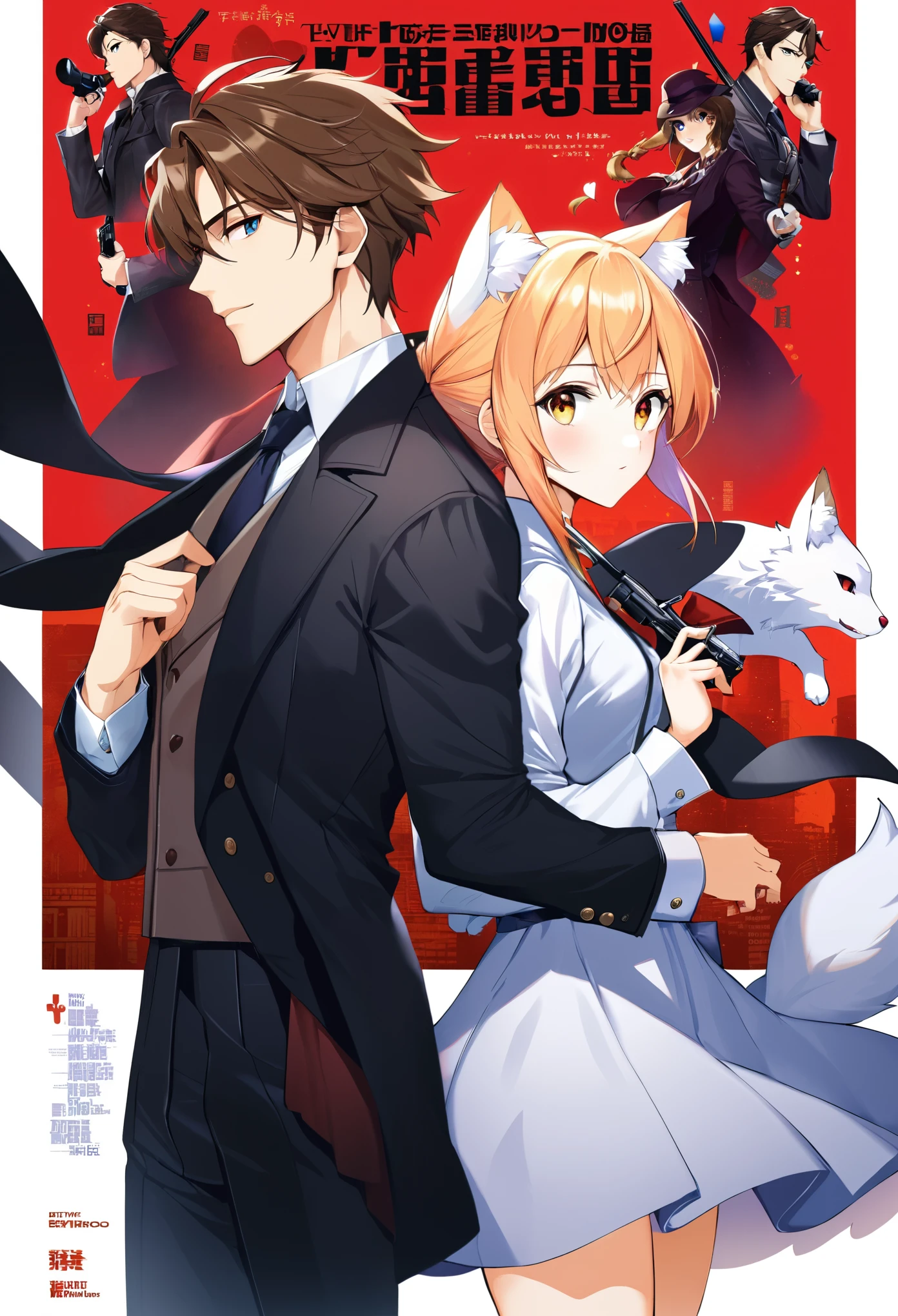 movie poster, movie artwork, concept art of action movie, romance novel cover, highres, top quality, best quality, perfect artwork, absurdres, perfect anatomy(couple, young 1male detective, 1woman in Chinese dress)(furry, kemono, anthro)with some elements of 007,