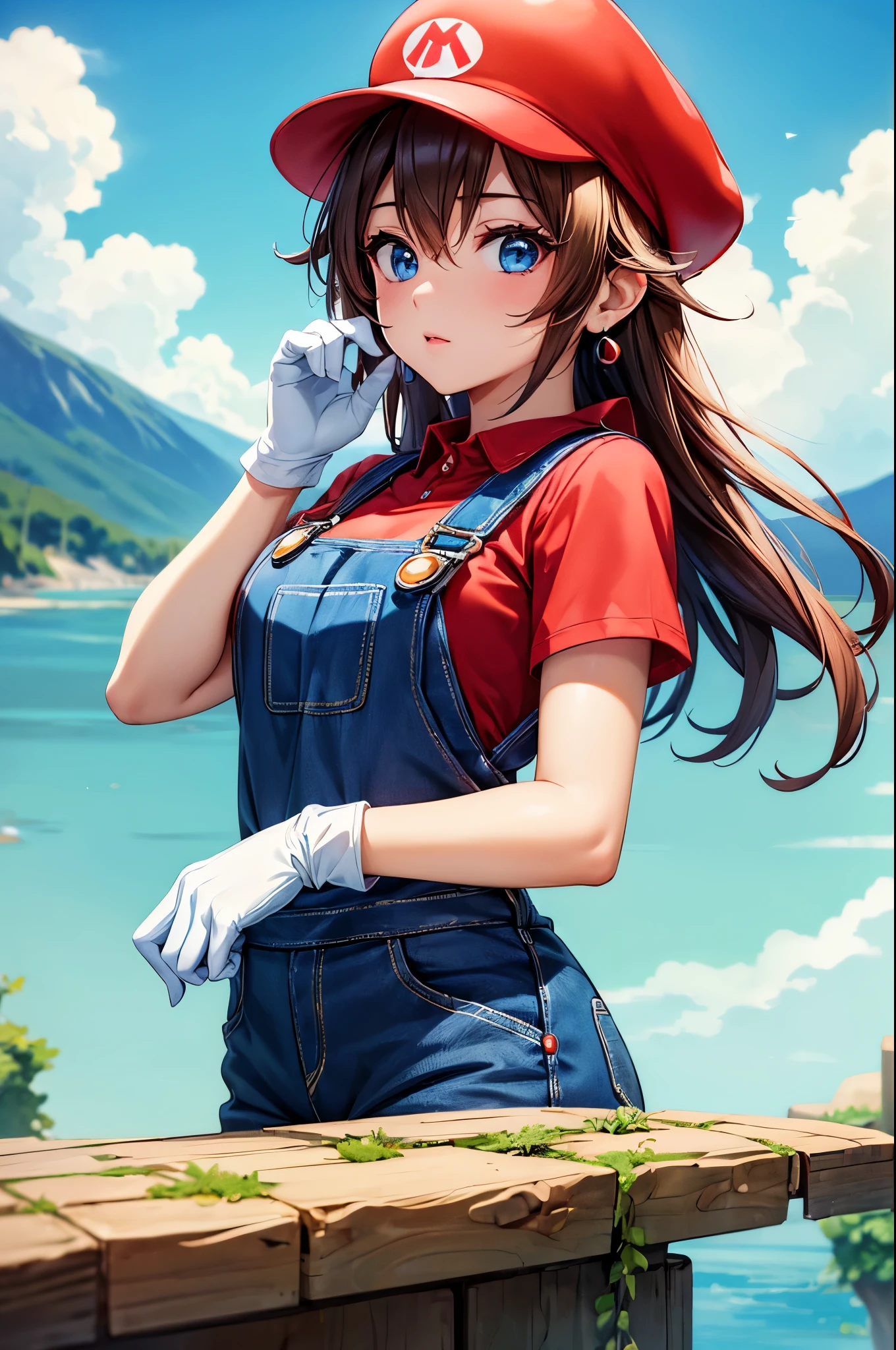 (masterpiece, best quality:1.2), expressive eyes, perfect face, highres, 1girl, solo, (female:1.5), supermario, blue overalls, red shirt, red cap, (white gloves:1.1), blue eyes, landscape, hold a mushroom, standing, upper body portrait, looking at the viewer
