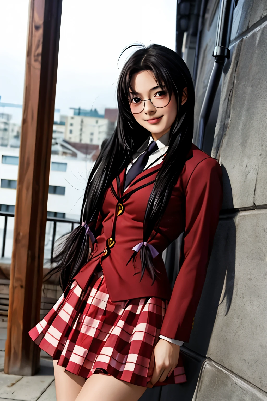One girl,smile,
highest quality,masterpiece,View your viewers,
Depth of written boundary,cowboy_shot,
kaku bunwa,Long Hair,Black Hair,Glasses,Brown eyes,(Red Uniform:1.1),skirt,tie,Ahoge,Twin tails,