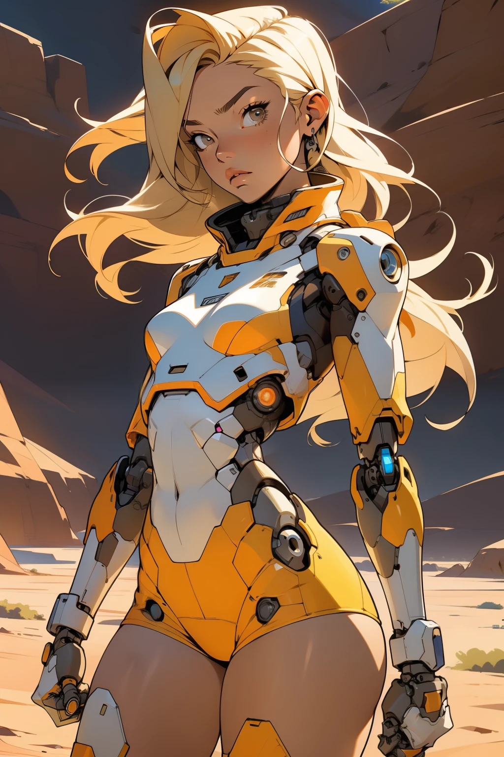 high quality, 4k, masterpiece, beautiful, cyborg girl, cowboy shot, dull eyes, front, looking at viewer, long blonde hair, girl, small breasts, fit thighs, robotic arms, robotic body, cyborg body, white & yellow uniform, orange accent, intricate detail, joint, detailed lines, robotic detail, holding fist up, holding hand up as fist, color robotic parts, robotic parts with color, perfect fingers, on a desert planet, sunny background, colorful desert, a river or a lake in the background, slender thighs, skinny thighs, thin thighs