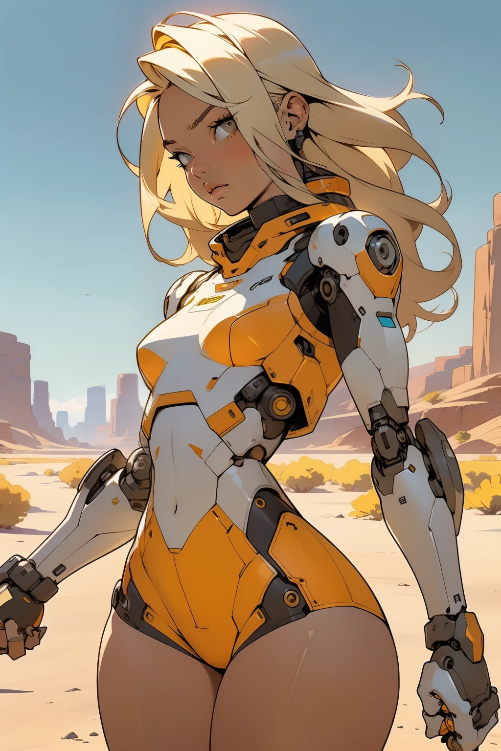high quality, 4k, masterpiece, beautiful, cyborg girl, cowboy shot, dull eyes, front, looking at viewer, long blonde hair, girl, small breasts, fit thighs, robotic arms, robotic body, cyborg body, white & yellow uniform, orange accent, intricate detail, joint, detailed lines, robotic detail, holding fist up, holding hand up as fist, color robotic parts, robotic parts with color, perfect fingers, on a desert planet, sunny background, colorful desert, a river or a lake in the background, slender thighs, skinny thighs, thin thighs