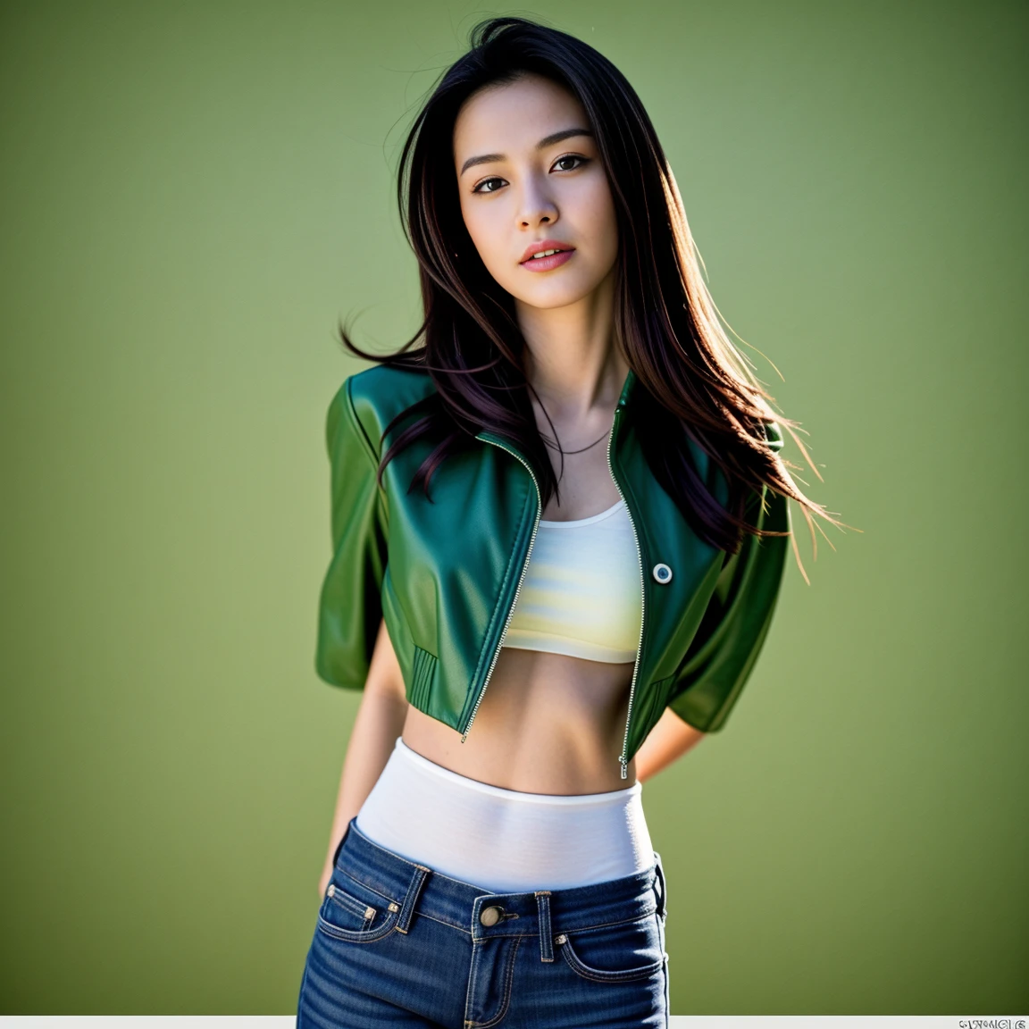 "Beautiful young woman aged 25-30 years, His long hair flowed up.,) bright dark green leather jacket,) Floating waist, abdomen moist, shiny, perfect and strong.,) ,sexy denim shorts,,) Album cover art by Yang J, Social trend CG, Beautiful cowboy, cowgirl, western cowgirl, There are red flowers around.,) best quality, 10, height:1.2), 8K Special Details, (realistic:1.37), Portrait, Full body, Posing from different angles,, bright colors, Warm light, shot with a high quality camera 45,000,000,000,Pixels,