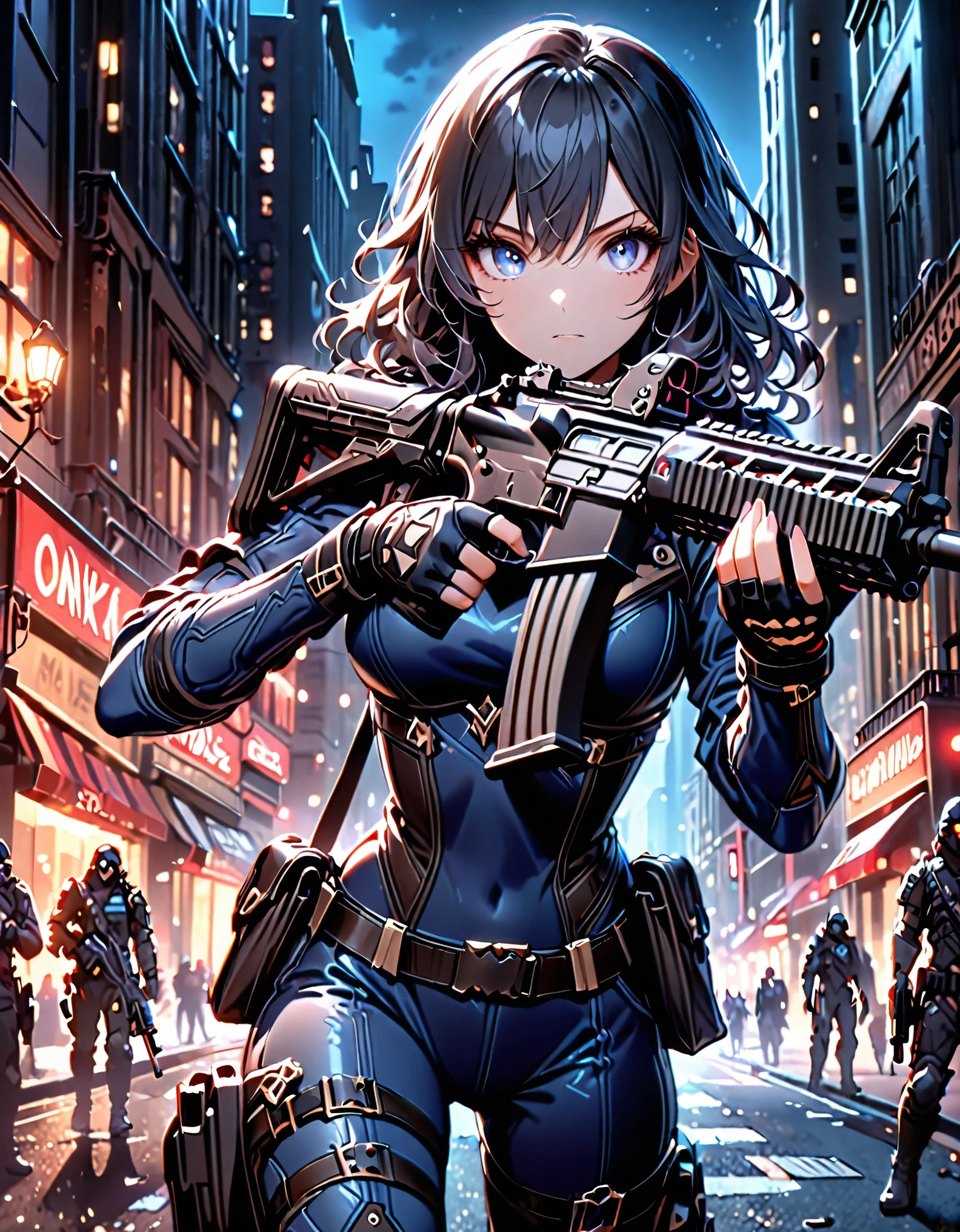 best quality, masterpiece, highres, 1girl, (solo, solo focus), (blue bodysuit, red bodice, black boots), carrying an assault rifle, (black leather jacket), fingerless gloves, black hair, short hair, wavy hair, hazel eyes, beautiful detailed eyes, beautiful detailed face, (perfect hands), perfect anatomy, perfect proportions, medium breasts, New York street backdrop, night noir atmosphere