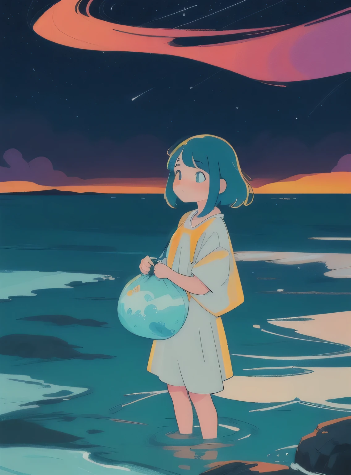 Sea beach,a a girl standing in the water , looking at the night sky , professional artist's art, vibrant color, (8 colors), illustration,ultra quality 