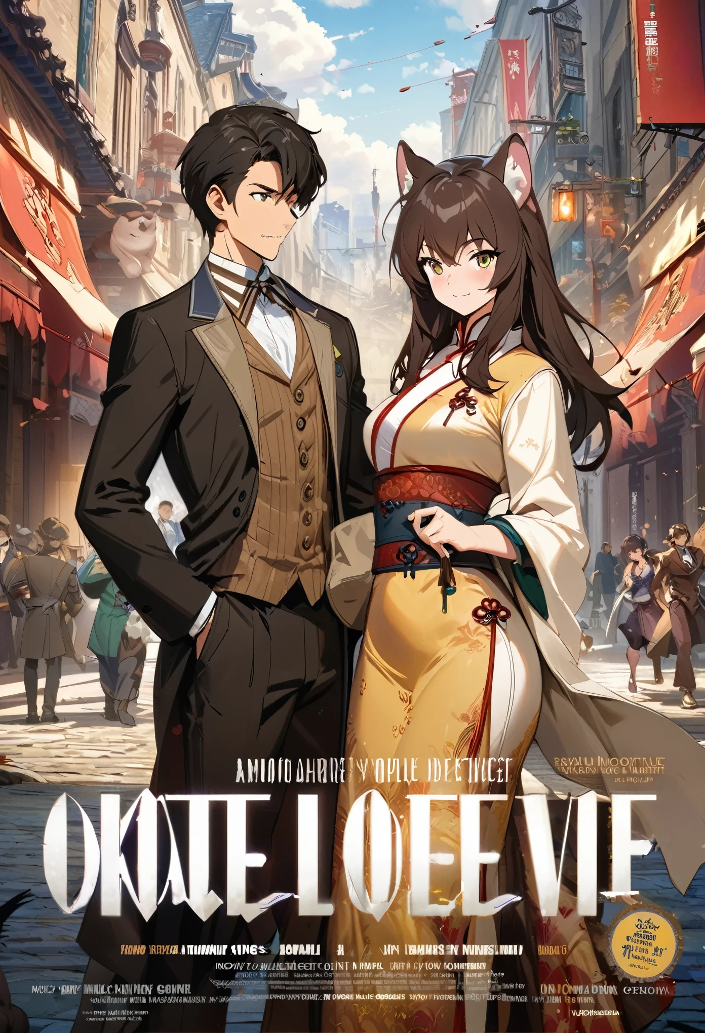 movie poster, movie artwork, concept art of love, romance novel cover, highres, top quality, best quality, perfect artwork, absurdres, perfect anatomy(couple, young 1male detective, 1woman in Chinese dress)(furry, kemono, anthro)with some elements of 007, battle,