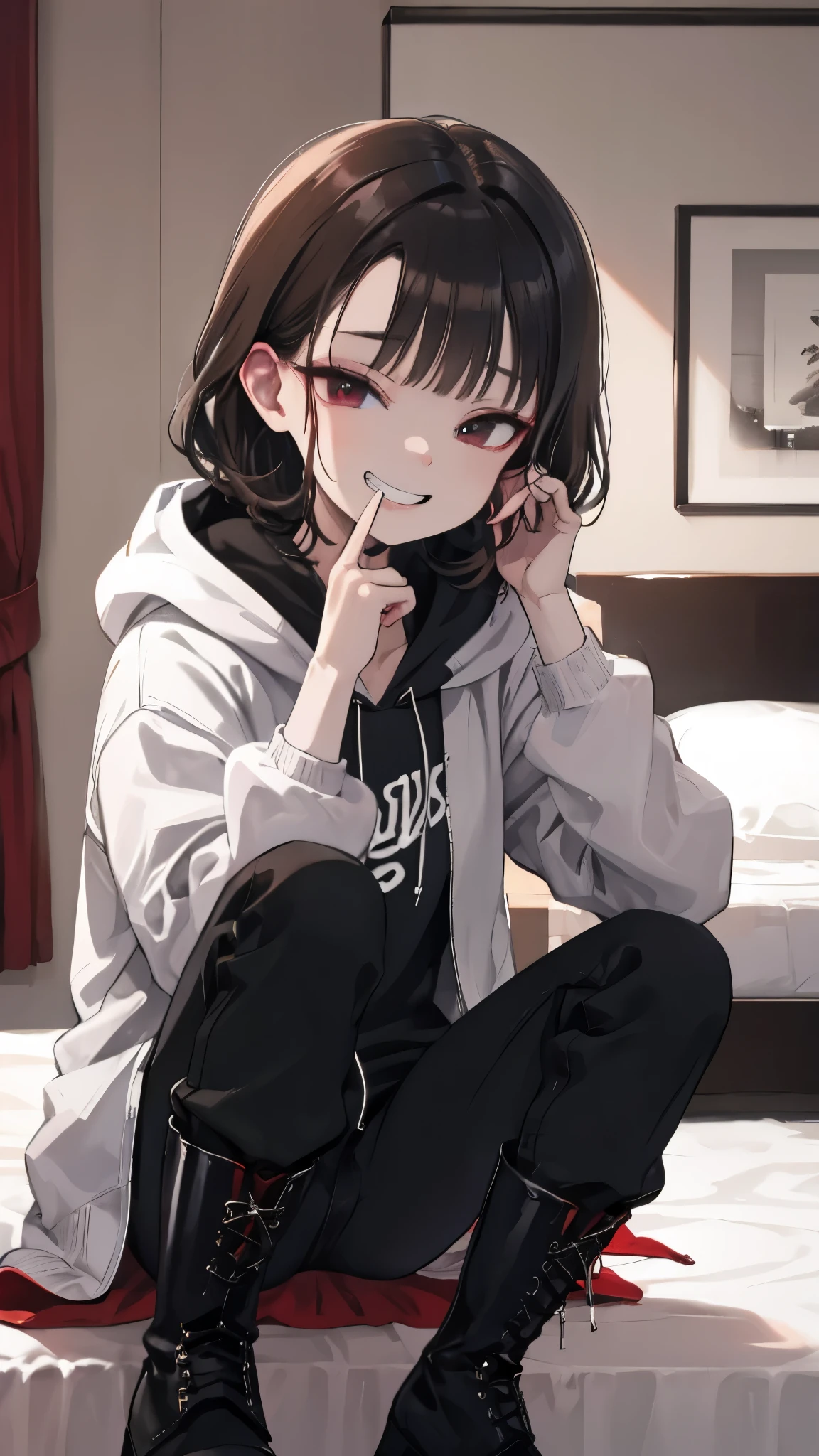 cute、evil grin、Inside the Hotel、Sitting on the bed、
black and White hoodie、Red and black hoodie、White hoodie、black platform boots、black platform boots、perfect finger、Red carpet、
Brown Hair、Black Hair、Black Hairロング、black eye、