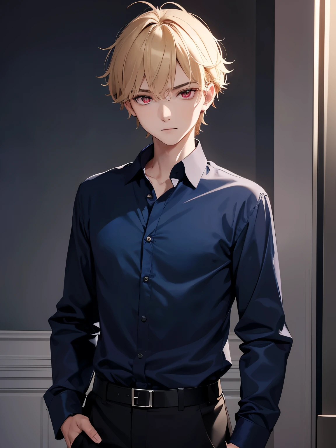 1boy,handsome,15 years old,standing,half body photo,Perfect face, HD face, ultra detailed face, short hair, blonde hair, messy hair, bright red eyes, vampire, Dark blue shirt,Long-sleeved shirt,Shirt buttons half open, black trousers,ultra detailed, ultra HD