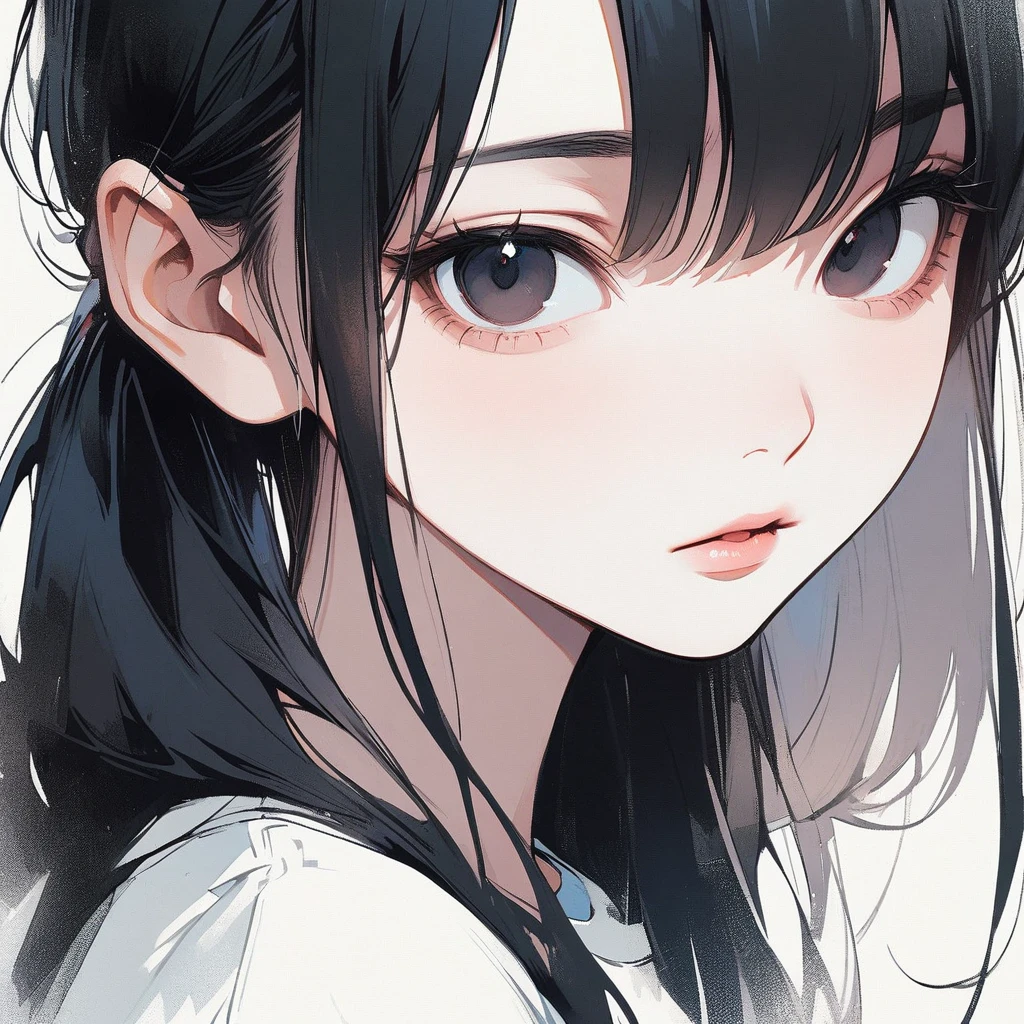 Pigtails, thin, pale, Pure, simple, White background, close-up of the face, black hair, black eyes, straight hair, Asian eyes, slanted eyes, Small eyes, narrow eyes, Chinese eyes