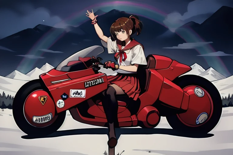 masterpiece, highest quality, One girl, alone, EPscFuu, Brown Hair, Brown eyes,short hair, ponytail, hair ornaments, Cowboy Shot, Mountain, dark, riding, Rainbow Sailor Collars, Neck ribbon, Pleated skirt, (necklace), Expressionless, kanedabike,Big Scooter,