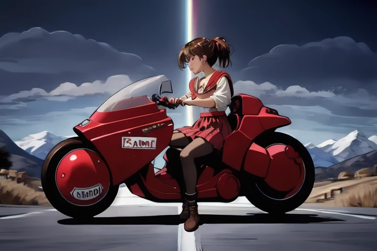 masterpiece, highest quality, One girl, alone, EPscFuu, Brown Hair, Brown eyes,short hair, ponytail, hair ornaments, Cowboy Shot, Mountain, dark, riding, Rainbow Sailor Collars, Neck ribbon, Pleated skirt, (necklace), Expressionless, kanedabike,Big Scooter,