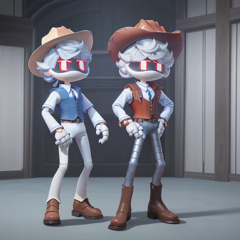 a male drone with fluffy white hair, red eyes, and wearing a blue button up with an open leather vest, cowboy boots with spurs on the boots, and a white cowboy hat.