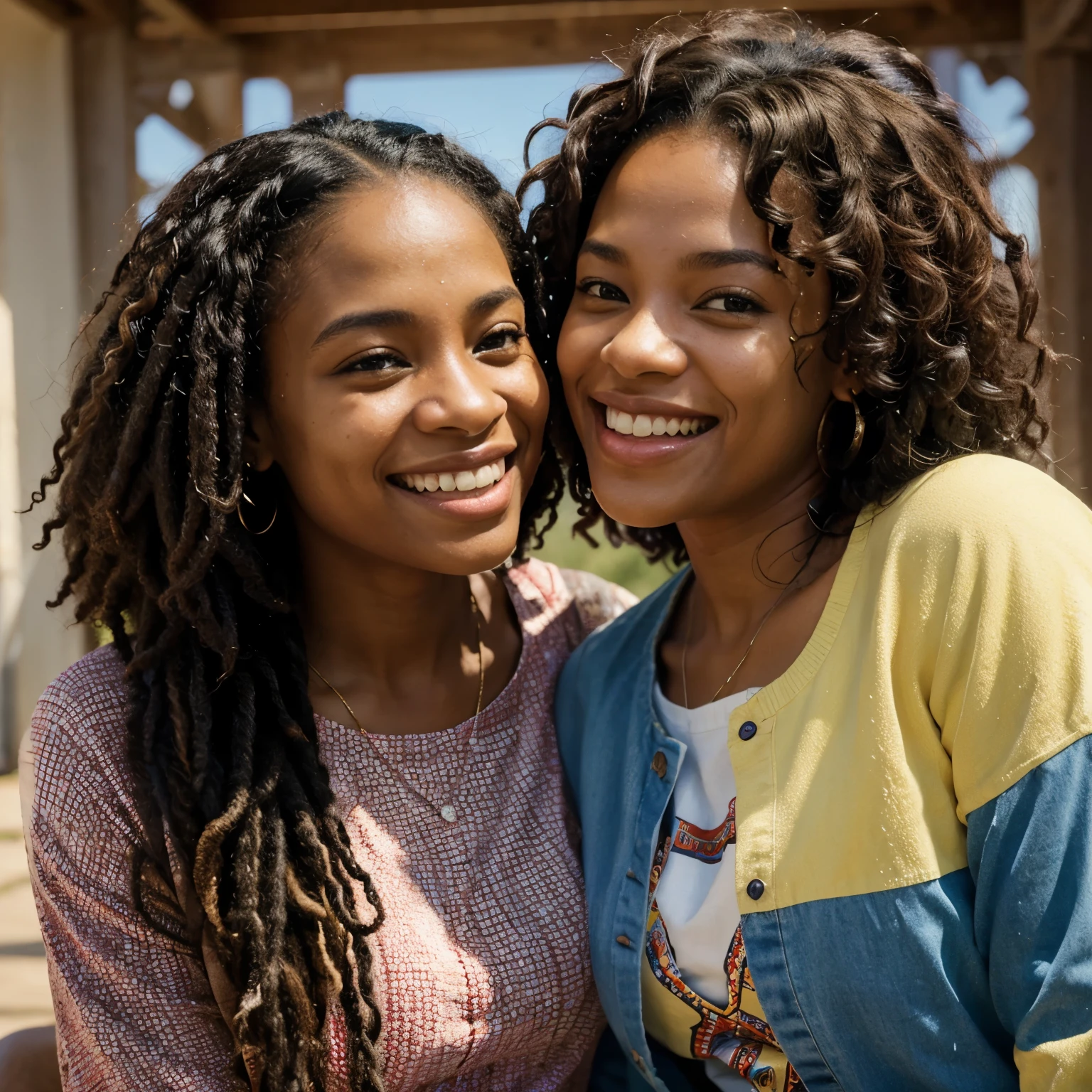The image of two African American sisters hanging out and enjoying each other's company, one sister with their hair in dreadlocks, one sister with curly brown hair, laughing and sharing joy, is reminiscent of the works by artist Kadir Nelson. Known for his ability to capture heartfelt and joyful moments, Nelson's style often portrays the beauty of Black life and the strong connections within families and communities. His use of vibrant colors and attention to detail would bring the scene to life, celebrating the love and laughter between these two sisters