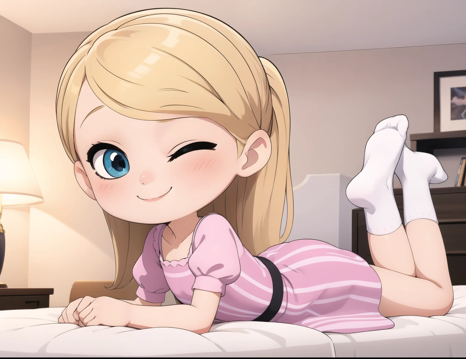 (masterpiece, best quality), 1girl, solo, blonde hair, long hair, teal blue ribbon, ponytail, , blue eyes, ((pink dress)), puffy sleeves, white tube socks, no shoes, upper body, looking at viewer, light blush, smile, perky, eyes closed, cute smile, indoors, pink, bed, bedroom, straight-on, lying, on stomach,