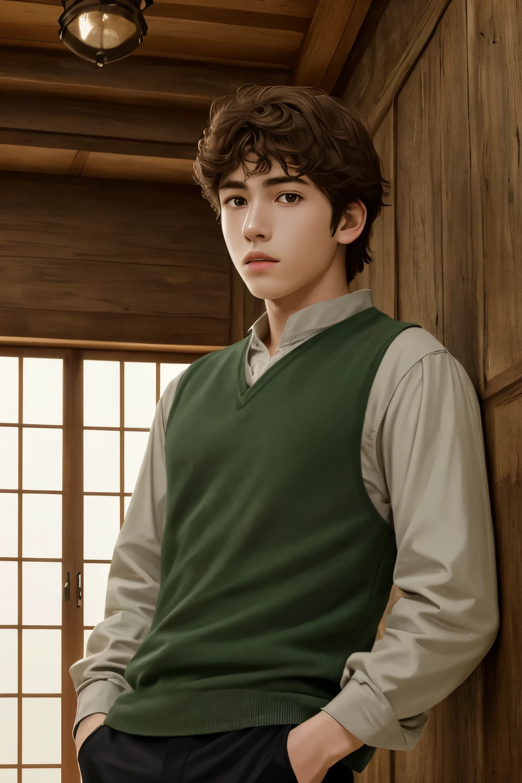 (absurdres, highres, ultra detailed, HDR), masterpiece, best quality, solo focus, teen boy , handsome, perfect face, short hair inside a ghibli style room background