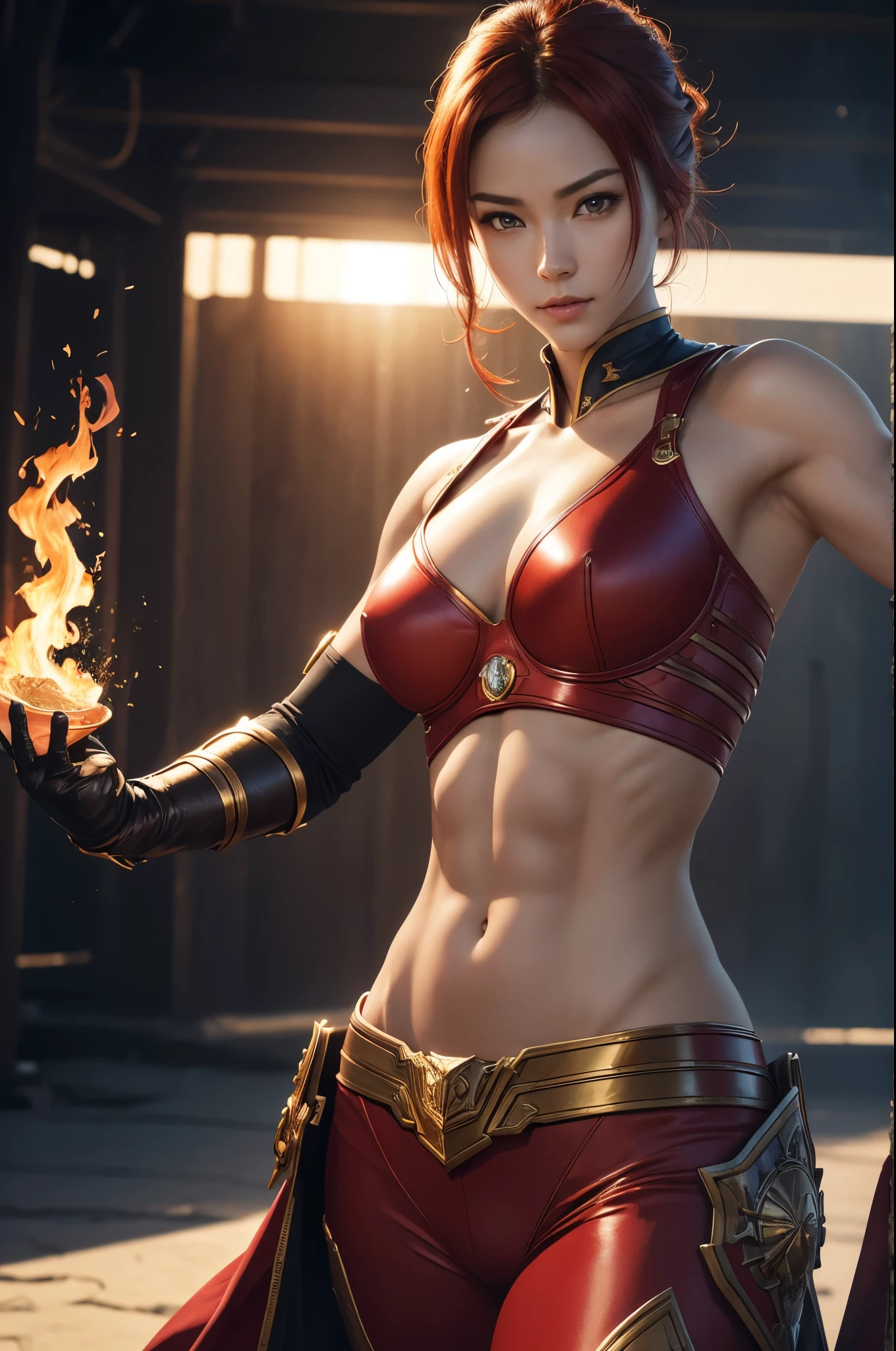 8K,Flame Lady Paladin,Super Beauty(Like the real thing),Red and orange mohawk,Red Eyes,Red Flame Chest Armor,Red flame pants,Red Flame Gauntlet,lean muscular body,Hard and strong abs,Fantasy art、charm、Looking at the audience、Captivating Gaze、masterpiece,masterpiece,highest qualityのフォトリアリスティックなRAW写真。Bright colors,Rich colors, Backlight, Film Grain, 50mm lens, Nikon D850,Realistic Skin,Ultra-high resolution,Realistic scale skins,Muscular and slender figure,Very detailedなアート作品、 Detailed digital animation art、 ArtStation Pixiv の Artgerm、Dynamic Angle,Ultra-high resolution,Like the real thing見える肌,charm的,Active,Super Beauty,(Like the real thing),DeviantArt Artstation CGScosiety, 3D Rendering Character Art, 写真のようにリアルなPerfect body, sexy,Muscular and slim body,Muscular and toned lower body,close,masterpiece,highest qualityの写実的ななRAW写真。Bright colors,Rich colors, Backlight, Film Grain, 50mm lens, Nikon D850,,(8k,写実的なhighest quality;1.4) ,Slim figure, Perfect body, There is cleavage in the chest, Very thin hair, Pleasure Gas, Glossy Lips, 超Realistic,Cinematic, (Excellent anatomy), (Good balance), Awards, masterpiece, Centered,charm,Volume measurement,Body balance,Ultra-high resolution,Ultra-Realistic Skin,Digital single-lens reflex camera, Soft lighting, Very detailedスキン, Very detailed顔, Very detailed目, lip, Detailed Background, Written boundary depth, Excellent anatomy, (Realistic, 超Realistic:1.4), 16K HDR, The abdominal muscles are intense and defined,Very detailed、masterpiece、highest quality、Dynamic Angle、Film Grain、Best Shadow、delicate、Particles of light、Observe the audience、Cinema Lighting、battlefield,smile,Close-up,Combat pose,