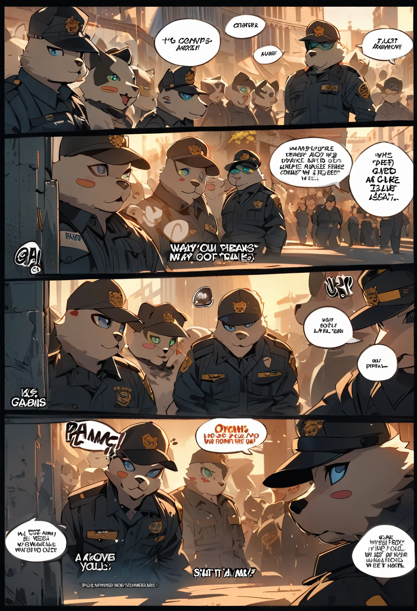 top quality, best quality, highres, masterpiece, super high resolution, detailed background, street, gasping for air(super handsome boys, dog)police officer, swat, police uniform, 6+boys, 6+girls, absurdres(highly detailed beautiful face and eyes)perfect anatomy, good lighting, cinematic shadow(kemono, furry anthro)assorted expressions, assorted poses, assorted angles, full body, upper shot, dynamic angle(boys comic-like panel layouts, speech balloon, English text, Hand-drawn sound effects stickers used in battle comic),