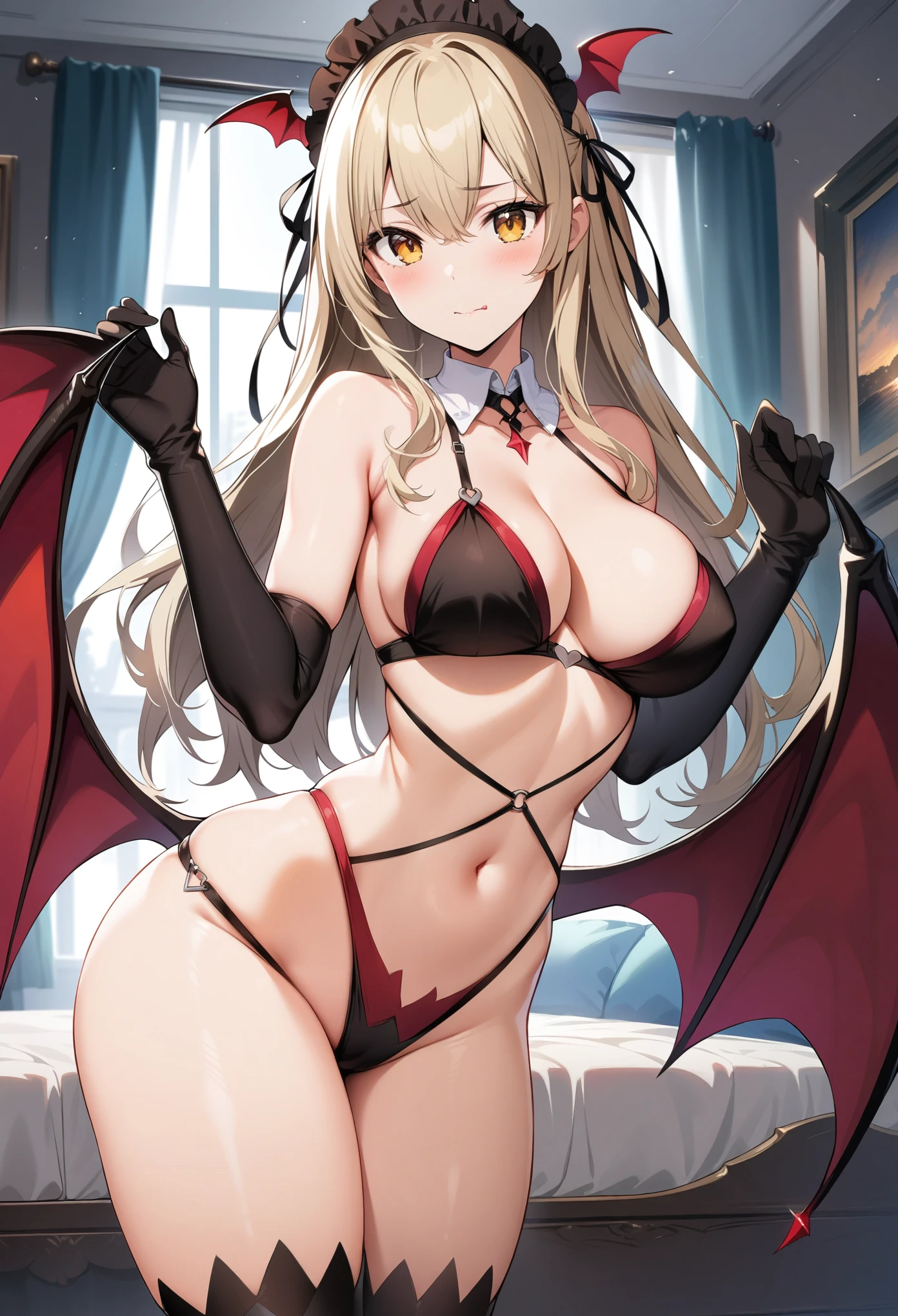 32k, best quality, ultra high res, HDR, UHD, extremely detailed CG, unity 32k wallpaper, bedroom background, ((cute succubus)), (maid), (1gal),