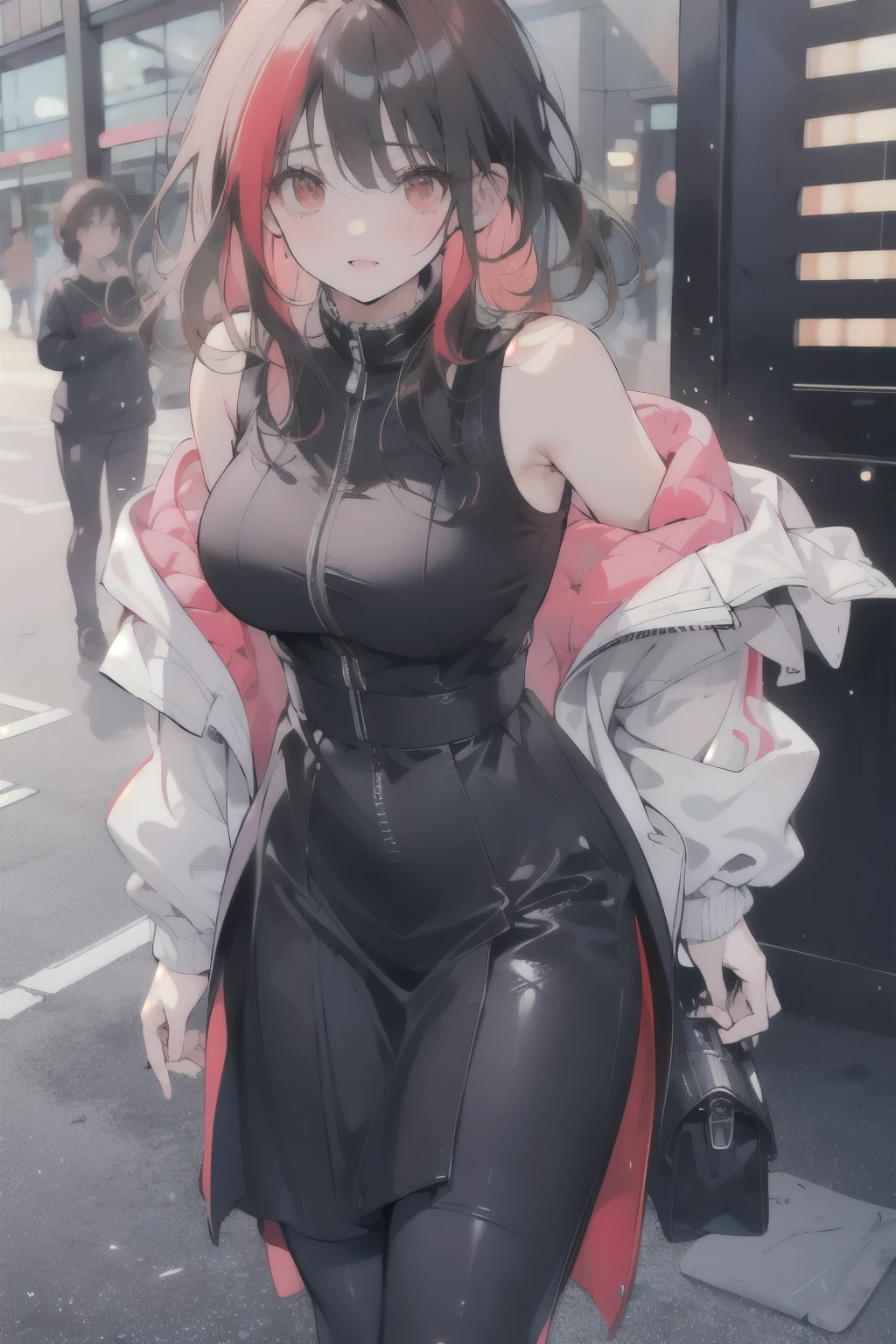 a scared and embarrassed redheaded woman, hair in a ponytail, her bright eyes super detailed, full lips painted red, chiseled physique and wide hips. She wears a closed black leather jumpsuit, whose shiny surface accentuates her shape. A windbreaker with a hood and a neon pink interior covers your shoulders and a pleased skirt. Walking down a busy street, she attracts glances from onlookers. This image exudes realism, capturing the essence of a fragile and embarrassed figure. Digital art, high definition and photorealistic technique