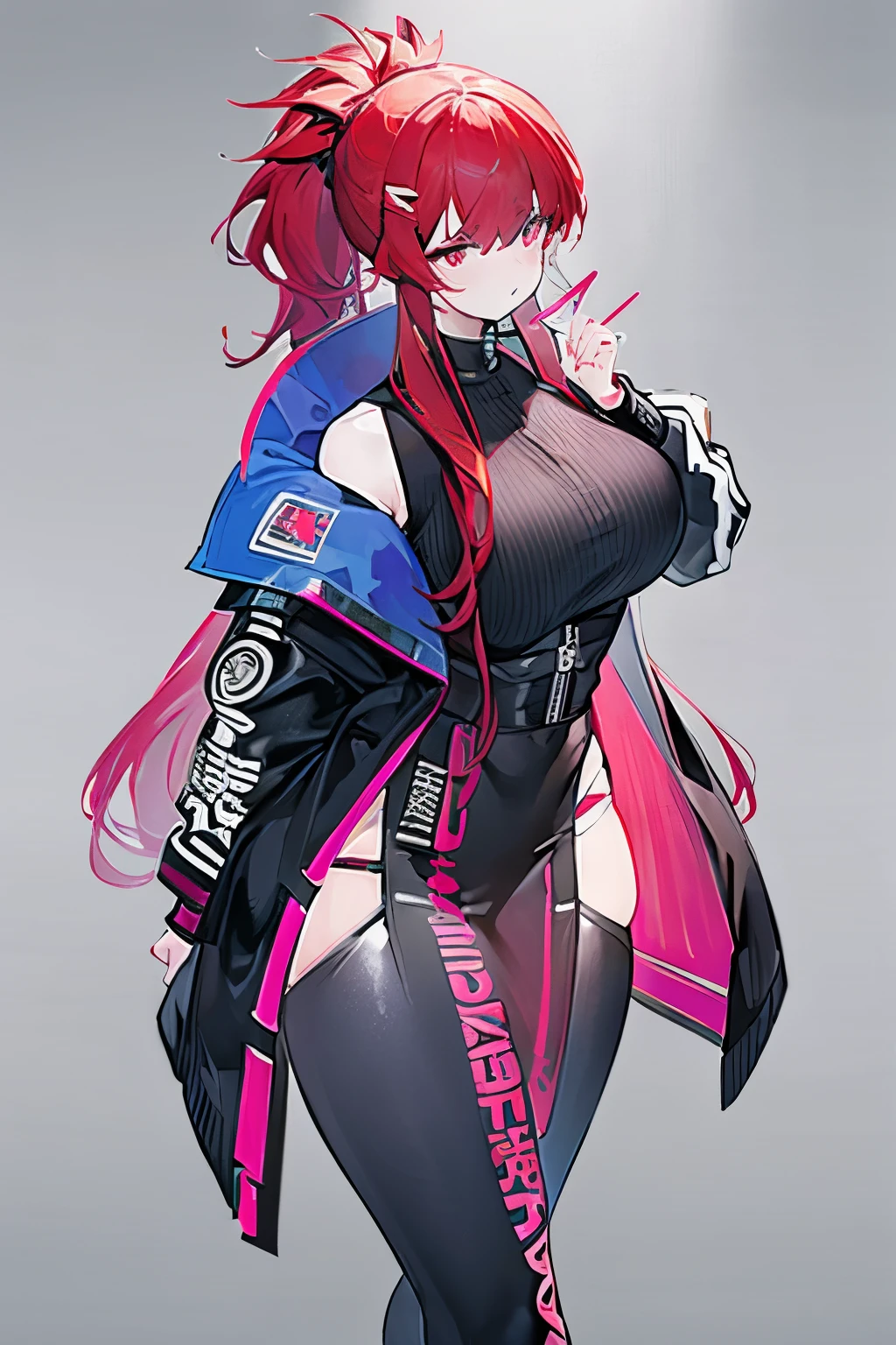 (obra de arte)), ((melhor qualidade)),  a scared and embarrassed redheaded woman, hair in a ponytail, her bright eyes super detailed, full lips painted red, chiseled physique and wide hips. She wears a closed black leather jumpsuit, whose shiny surface accentuates her shape. A windbreaker with a hood and a neon pink interior covers your shoulders and a pleased skirt. Walking down a busy street, she attracts glances from onlookers. This image exudes realism, capturing the essence of a fragile and embarrassed figure. Digital art, high definition and photorealistic technique