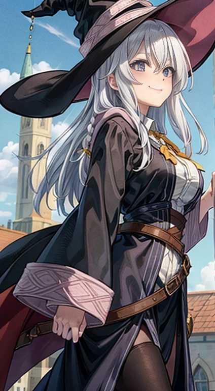 Lilyna,Witch Hat,Black Robe,Collared shirt,Yellow Ribbon,A light smile,Large Breasts,highest quality, White Hair Beauty