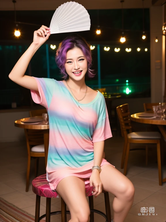 Best quality, tmasterpiece,Coiled hair,winking,Playful wink,Sit on a stool frontally,Hair coiled up,Unfold it with a large fan,Wearing sexy night party weardrobe ,half Loose clothes