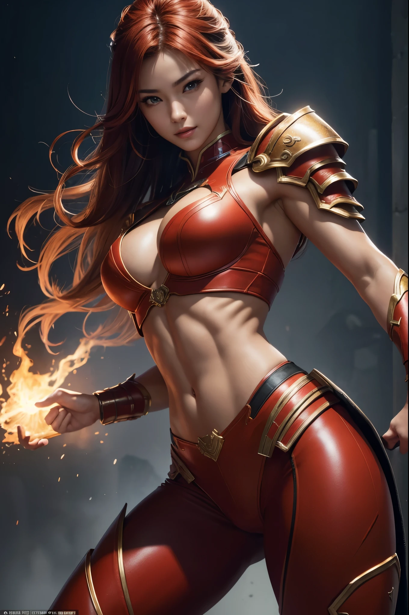 8K,Flame Lady Paladin,Super Beauty(Like the real thing),Red and orange mohawk,Red Eyes,Red Flame Chest Armor,Red flame pants,Red Flame Gauntlet,lean muscular body,Hard and strong abs,Fantasy art、charm、Looking at the audience、Captivating Gaze、masterpiece,masterpiece,highest qualityのフォトリアリスティックなRAW写真。Bright colors,Rich colors, Backlight, Film Grain, 50mm lens, Nikon D850,Realistic Skin,Ultra-high resolution,Realistic scale skins,Muscular and slender figure,Very detailedなアート作品、 Detailed digital animation art、 ArtStation Pixiv の Artgerm、Dynamic Angle,Ultra-high resolution,Like the real thing見える肌,charm的,Active,Super Beauty,(Like the real thing),DeviantArt Artstation CGScosiety, 3D Rendering Character Art, 写真のようにリアルなPerfect body, sexy,Muscular and slim body,Muscular and toned lower body,close,masterpiece,highest qualityの写実的ななRAW写真。Bright colors,Rich colors, Backlight, Film Grain, 50mm lens, Nikon D850,,(8k,写実的なhighest quality;1.4) ,Slim figure, Perfect body, There is cleavage in the chest, Very thin hair, Pleasure Gas, Glossy Lips, 超Realistic,Cinematic, (Excellent anatomy), (Good balance), Awards, masterpiece, Centered,charm,Volume measurement,Body balance,Ultra-high resolution,Ultra-Realistic Skin,Digital single-lens reflex camera, Soft lighting, Very detailedスキン, Very detailed顔, Very detailed目, lip, Detailed Background, Written boundary depth, Excellent anatomy, (Realistic, 超Realistic:1.4), 16K HDR, The abdominal muscles are intense and defined,Very detailed、masterpiece、highest quality、Dynamic Angle、Film Grain、Best Shadow、delicate、Particles of light、Observe the audience、Cinema Lighting、battlefield,smile,Close-up,Combat pose,